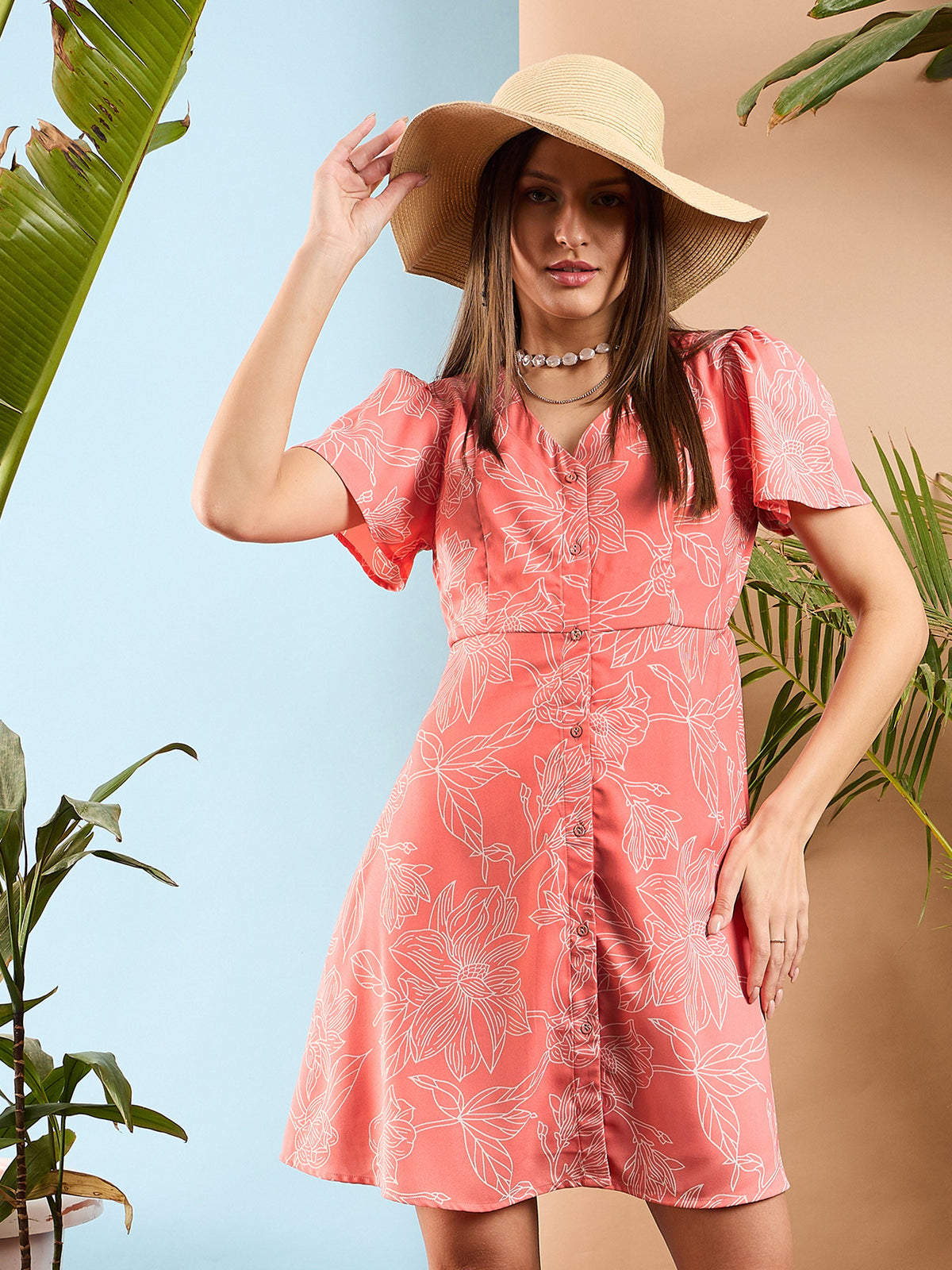 Peach Floral Front Button A-line Short Dress-SASSAFRAS