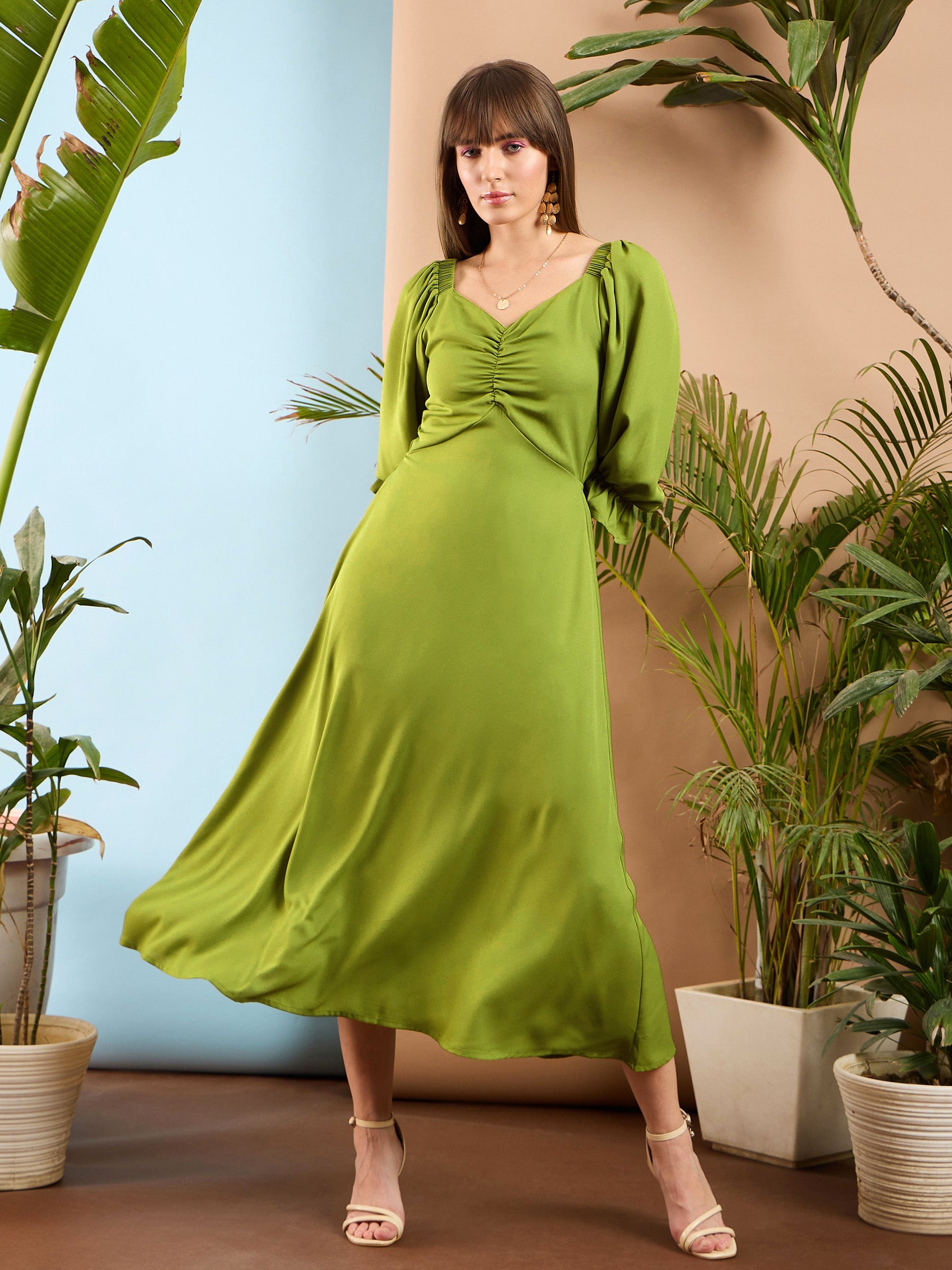Olive Front Ruched Back Cut Out Midi Dress-SASSAFRAS
