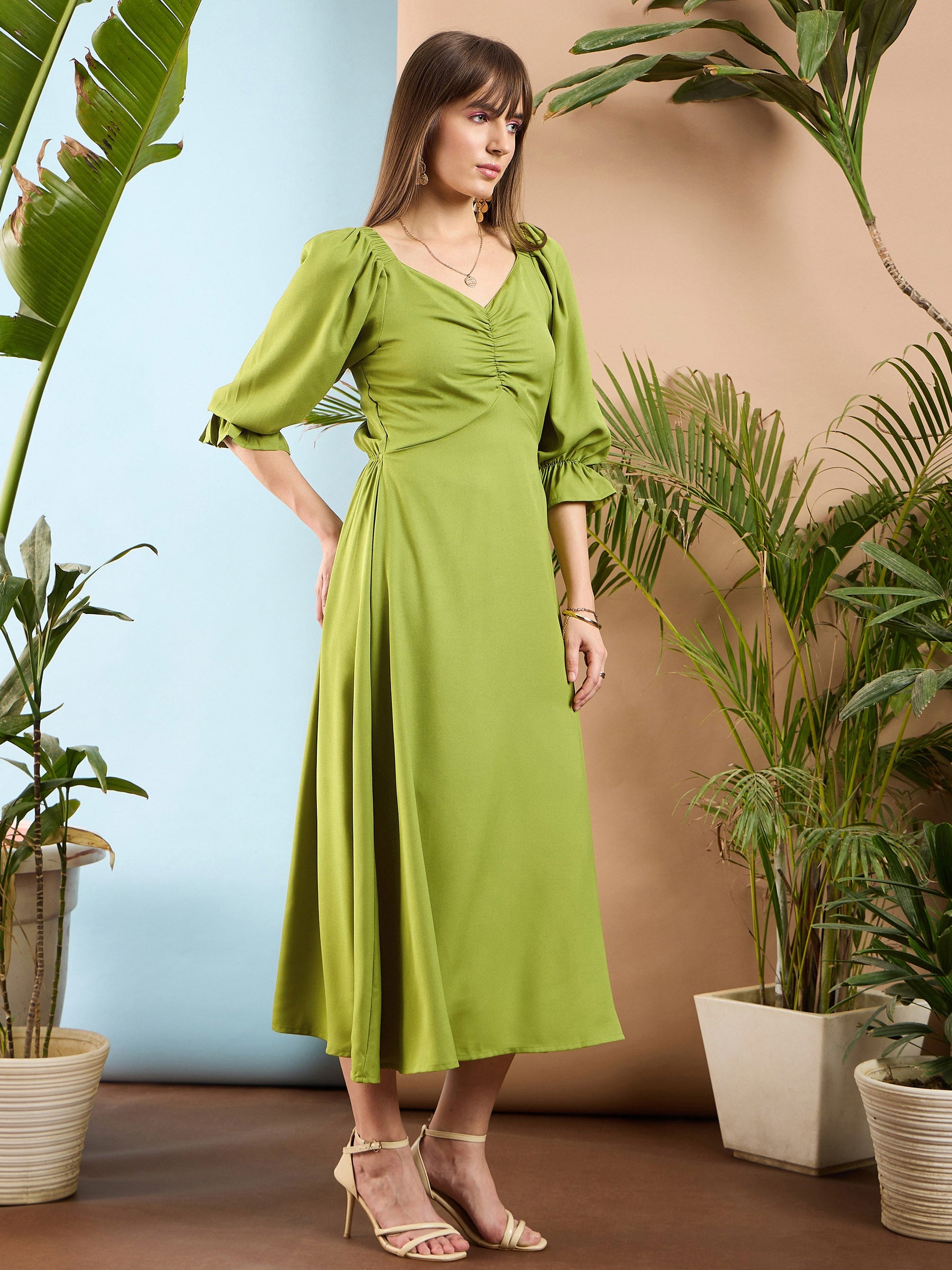 Olive Front Ruched Back Cut Out Midi Dress-SASSAFRAS