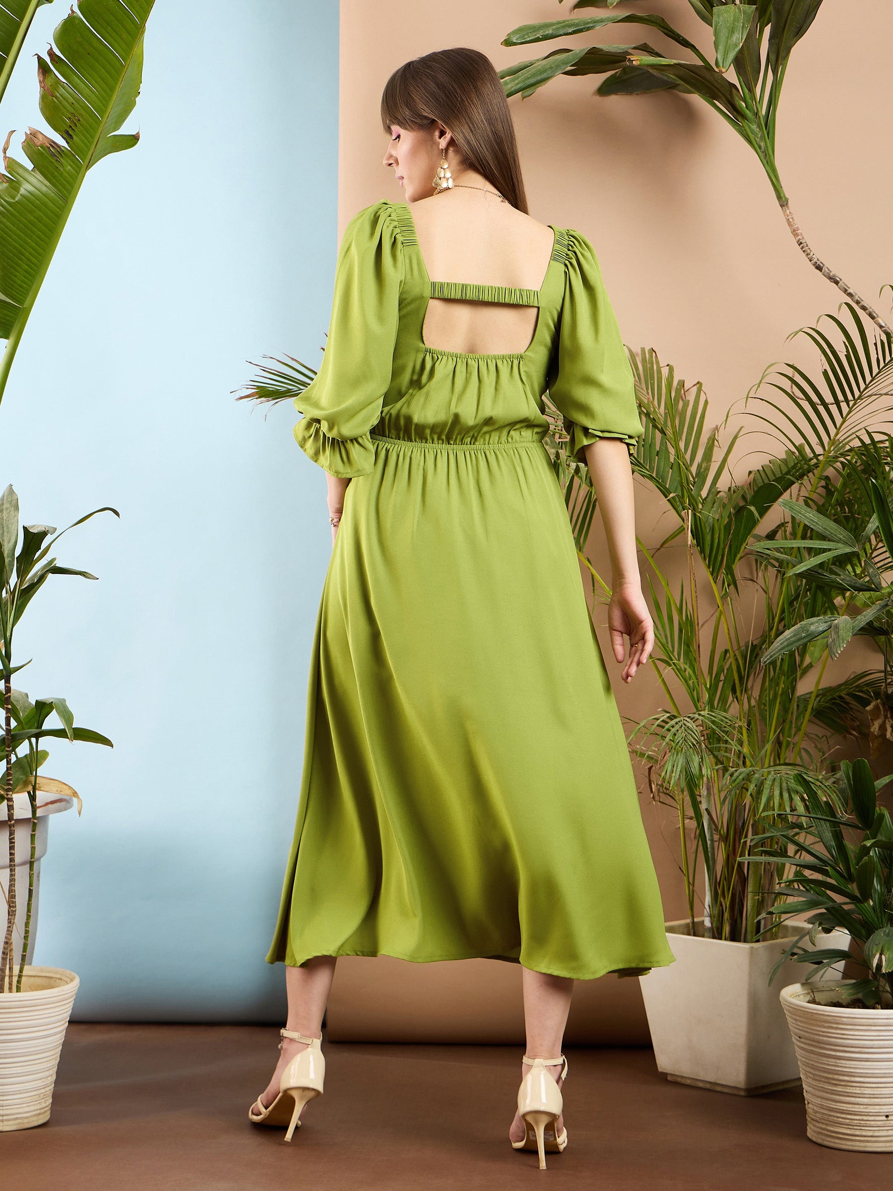 Olive Front Ruched Back Cut Out Midi Dress-SASSAFRAS