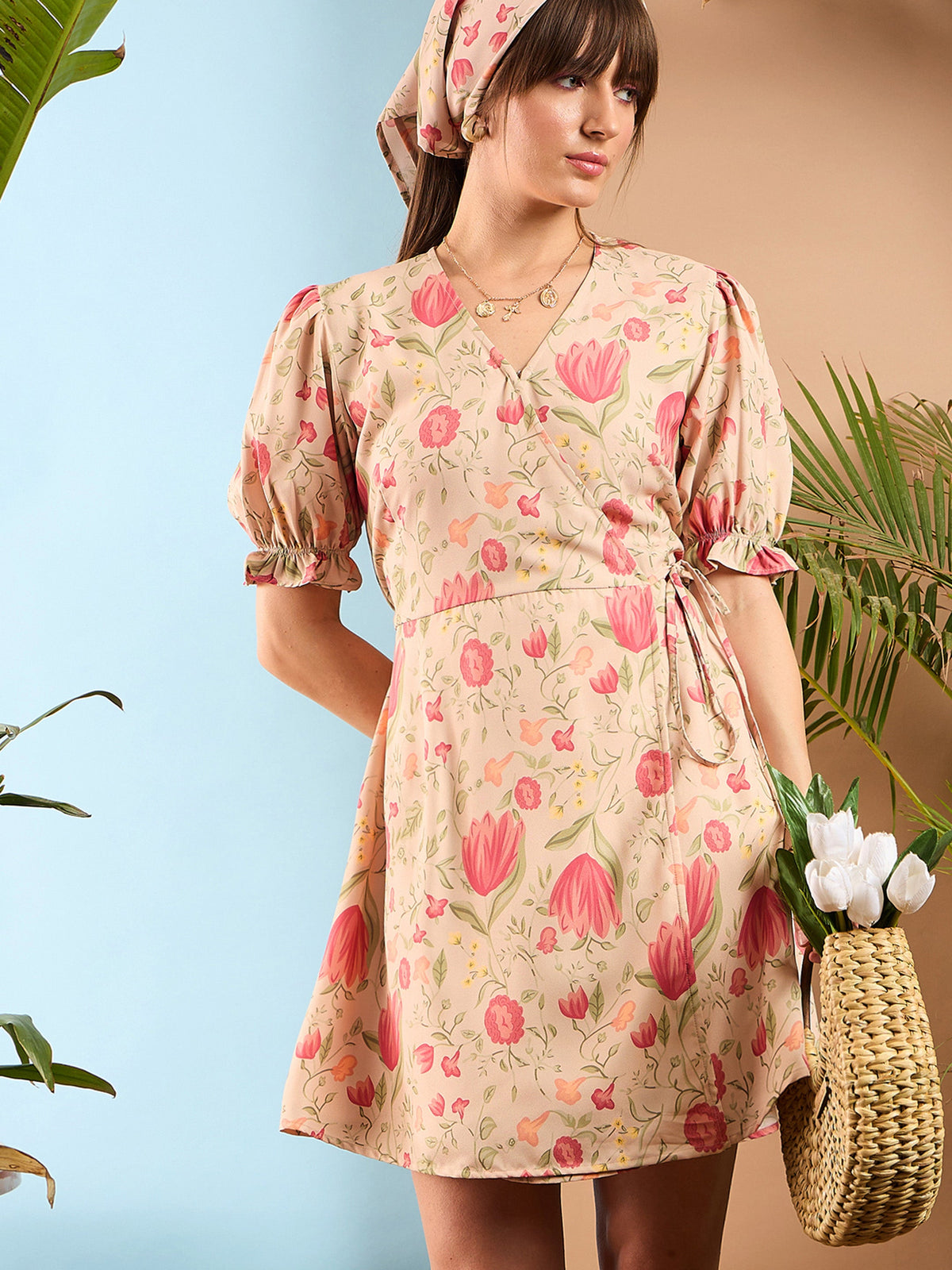 Beige Floral Wrap Short Dress-SASSAFRAS