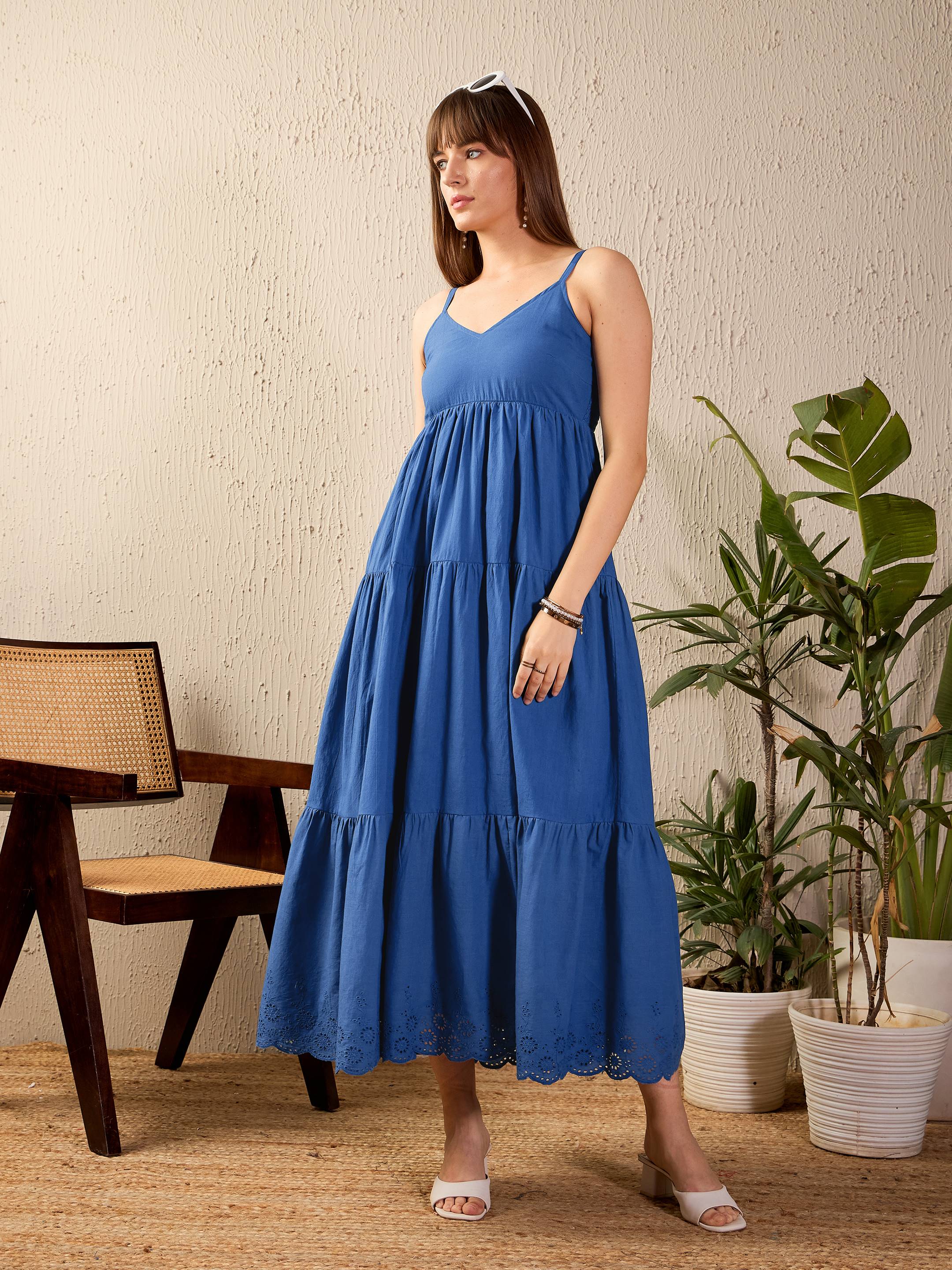 Women Lime Green Schiffli Strappy Maxi Dress