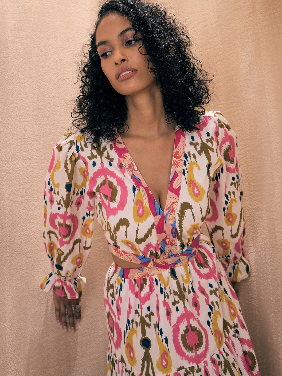 White Ikat Print Waist Cut-Out Maxi-Pink Paprika By SASSAFRAS