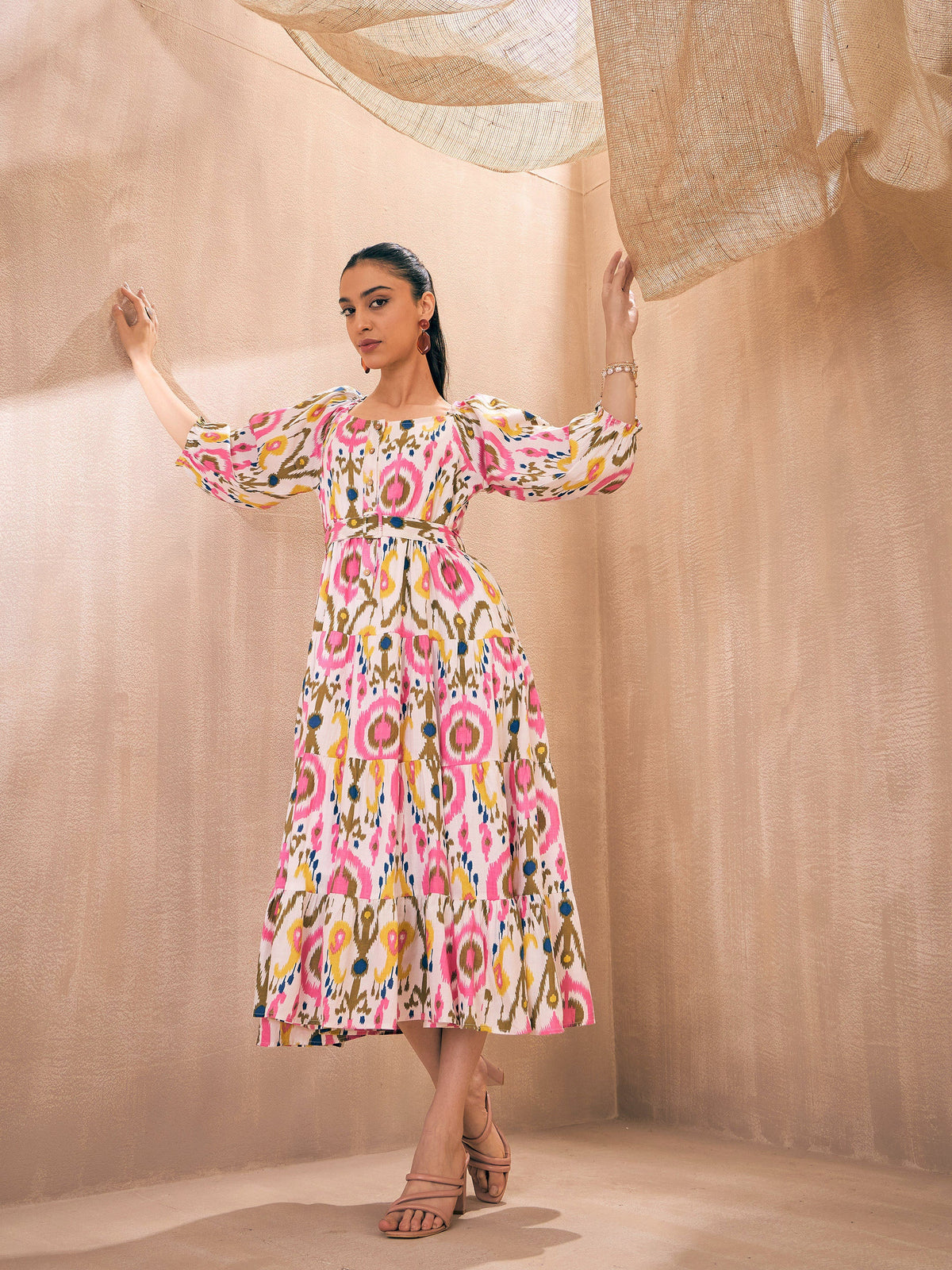 Pink Ikat Front Button Self Belt Tiered Midi Dress-Pink Paprika By SASSAFRAS