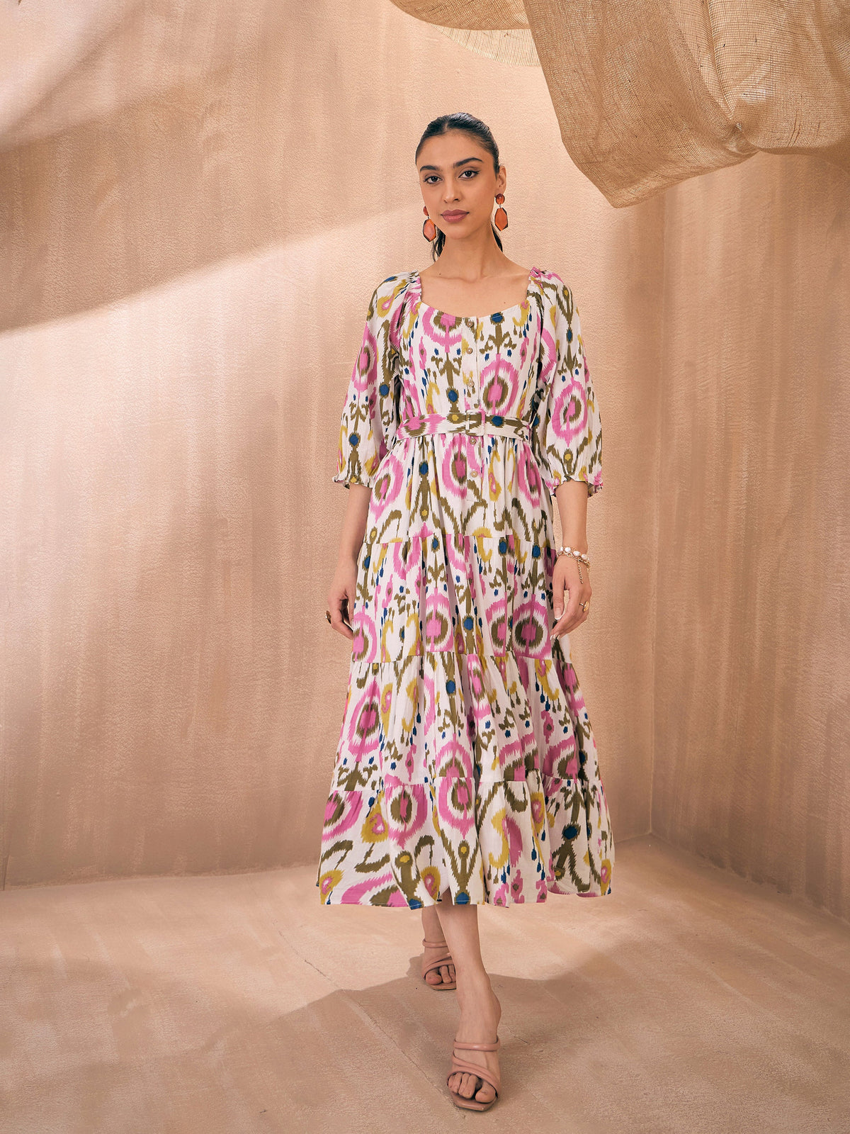 Pink Ikat Front Button Self Belt Tiered Midi Dress-Pink Paprika By SASSAFRAS