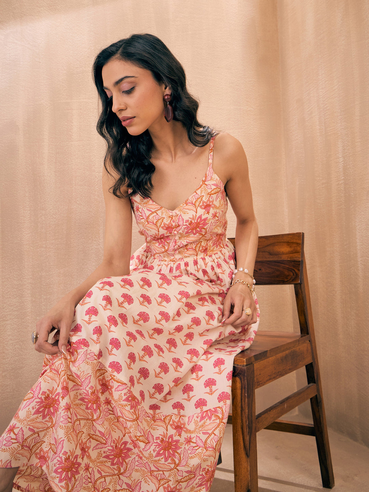 Pink Ethnic Motif Floral Strappy Maxi-Pink Paprika By SASSAFRAS