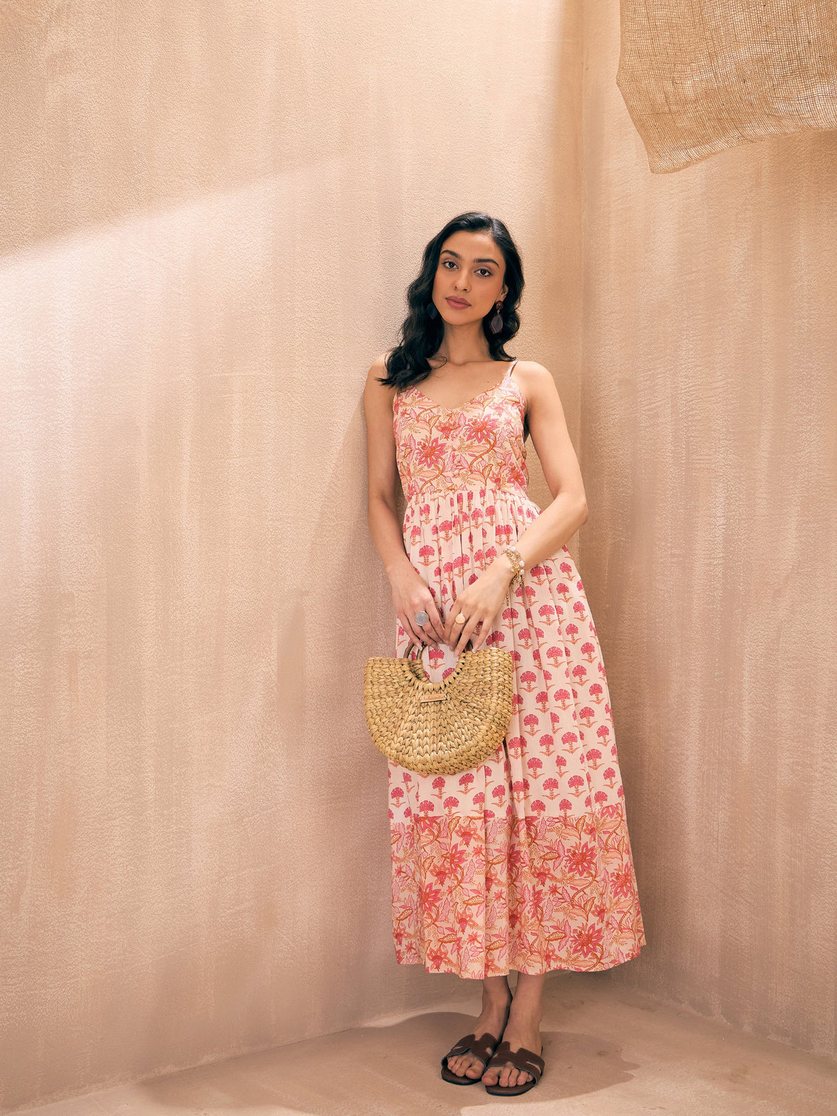 Pink Ethnic Motif Floral Strappy Maxi-Pink Paprika By SASSAFRAS