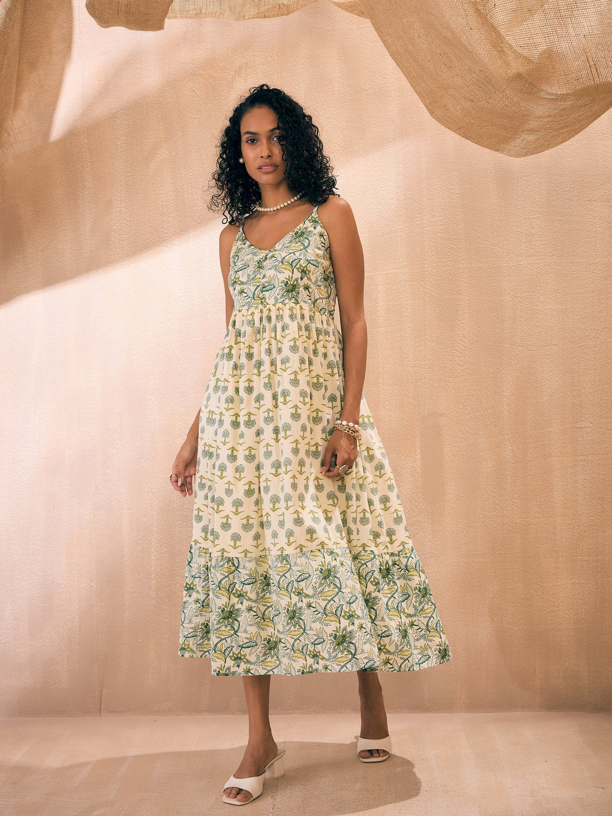 Green Ethnic Motif Floral Strappy Maxi-Pink Paprika By SASSAFRAS