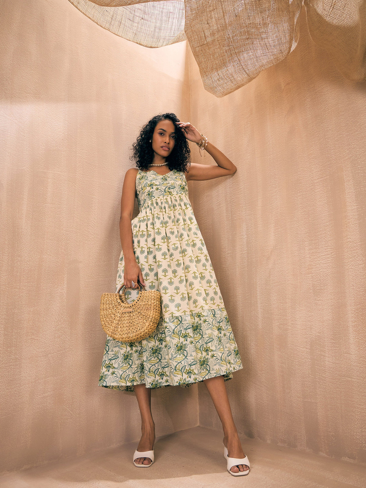 Green Ethnic Motif Floral Strappy Maxi-Pink Paprika By SASSAFRAS