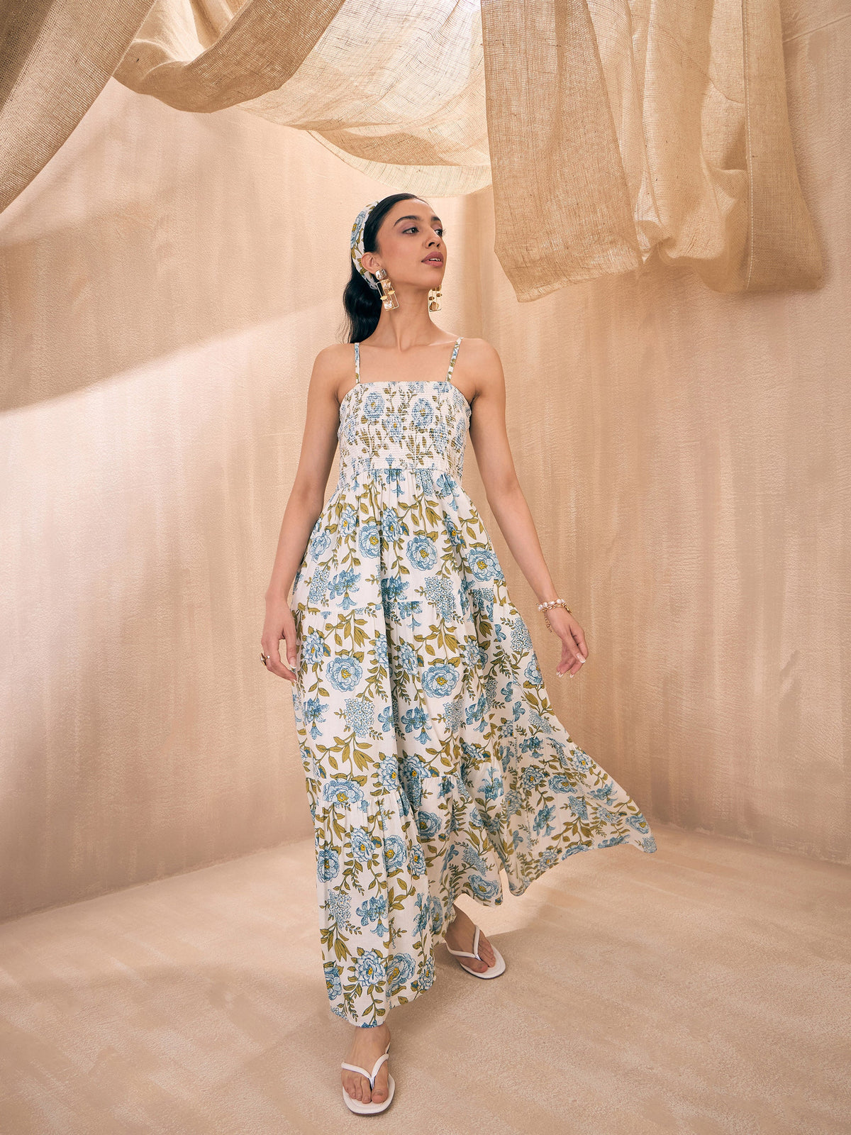 White Floral Smocked Bust Tiered Maxi-Pink Paprika By SASSAFRAS