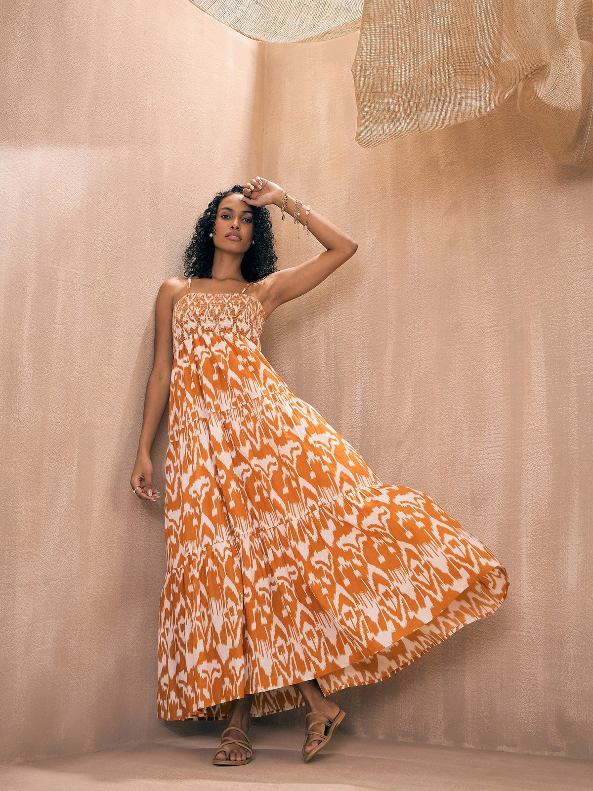 Brown Ikat Print Smocked Bust Tiered Maxi-Pink Paprika By SASSAFRAS