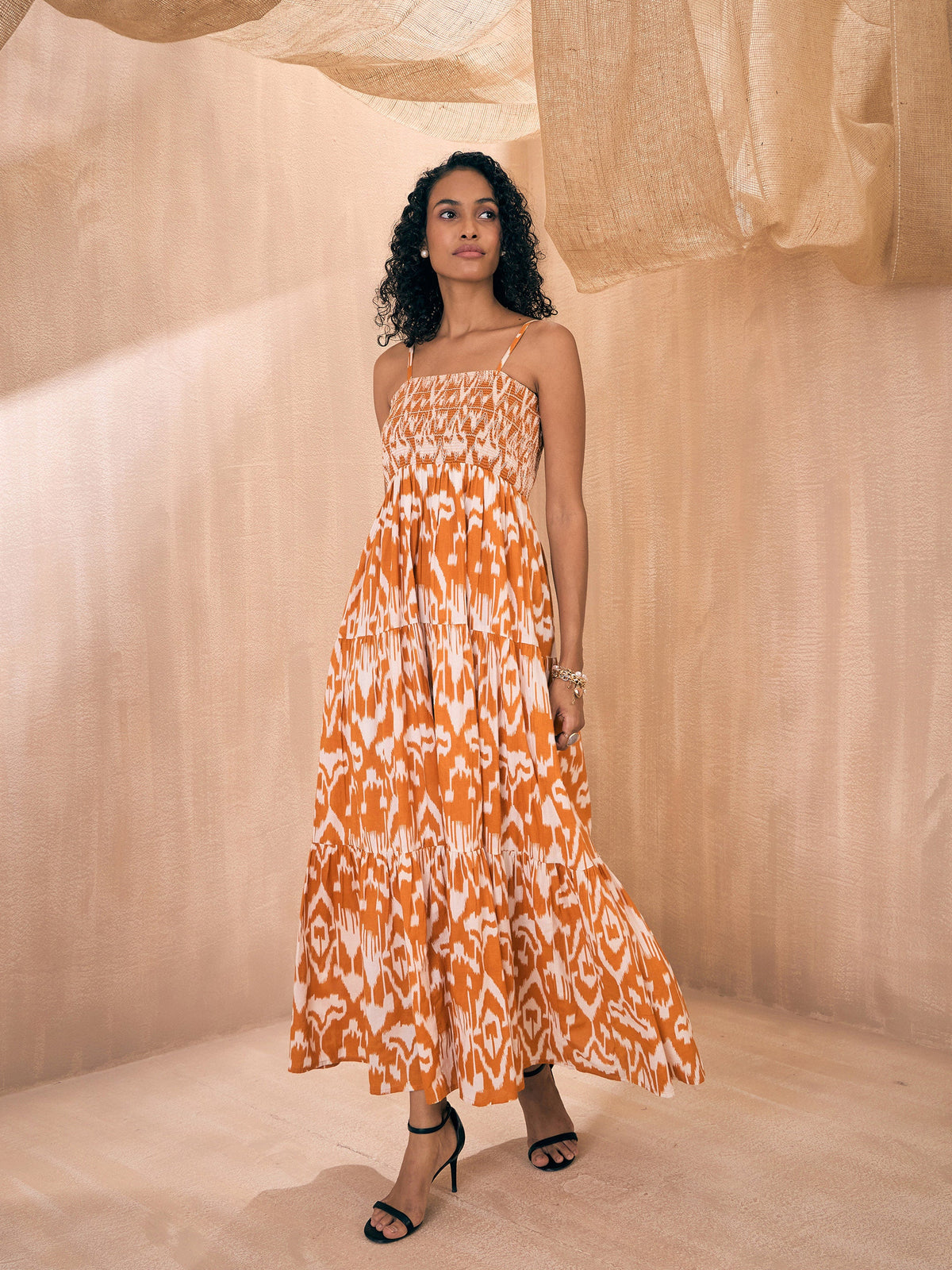 Brown Ikat Print Smocked Bust Tiered Maxi-Pink Paprika By SASSAFRAS