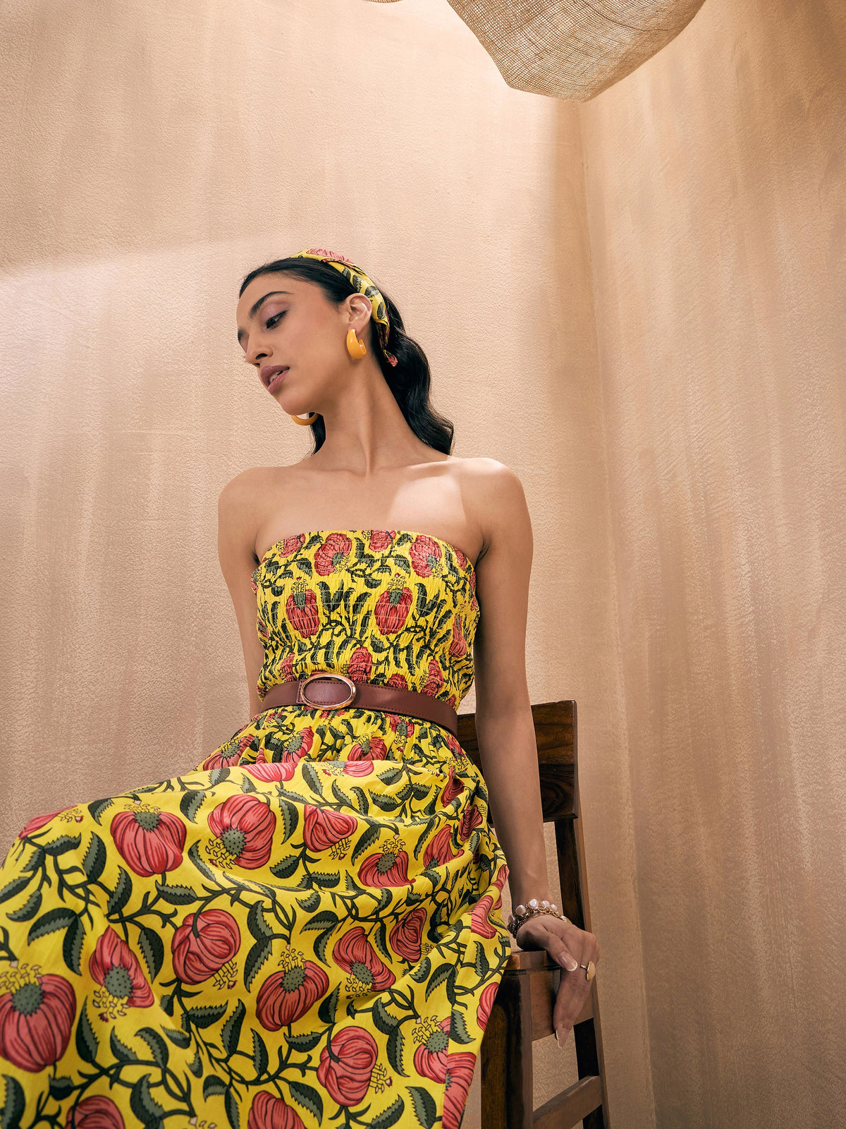 Yellow Floral Smocked Bust Tube Maxi-Pink Paprika By SASSAFRAS