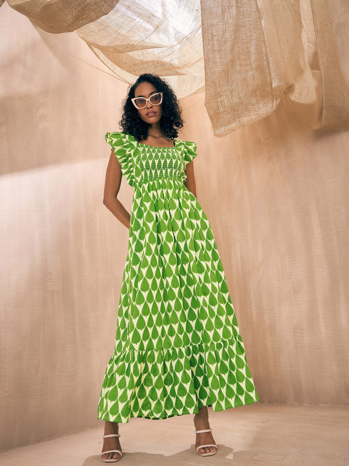 Green Leaf Print Back Knot Frill Maxi-Pink Paprika By SASSAFRAS