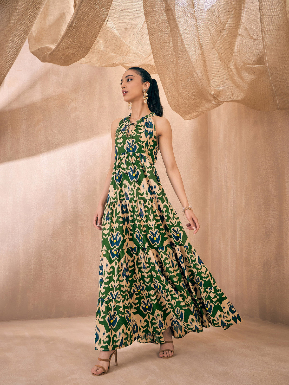 Green & Beige Ikat Print Dori Neck Tiered Maxi-Pink Paprika By SASSAFRAS