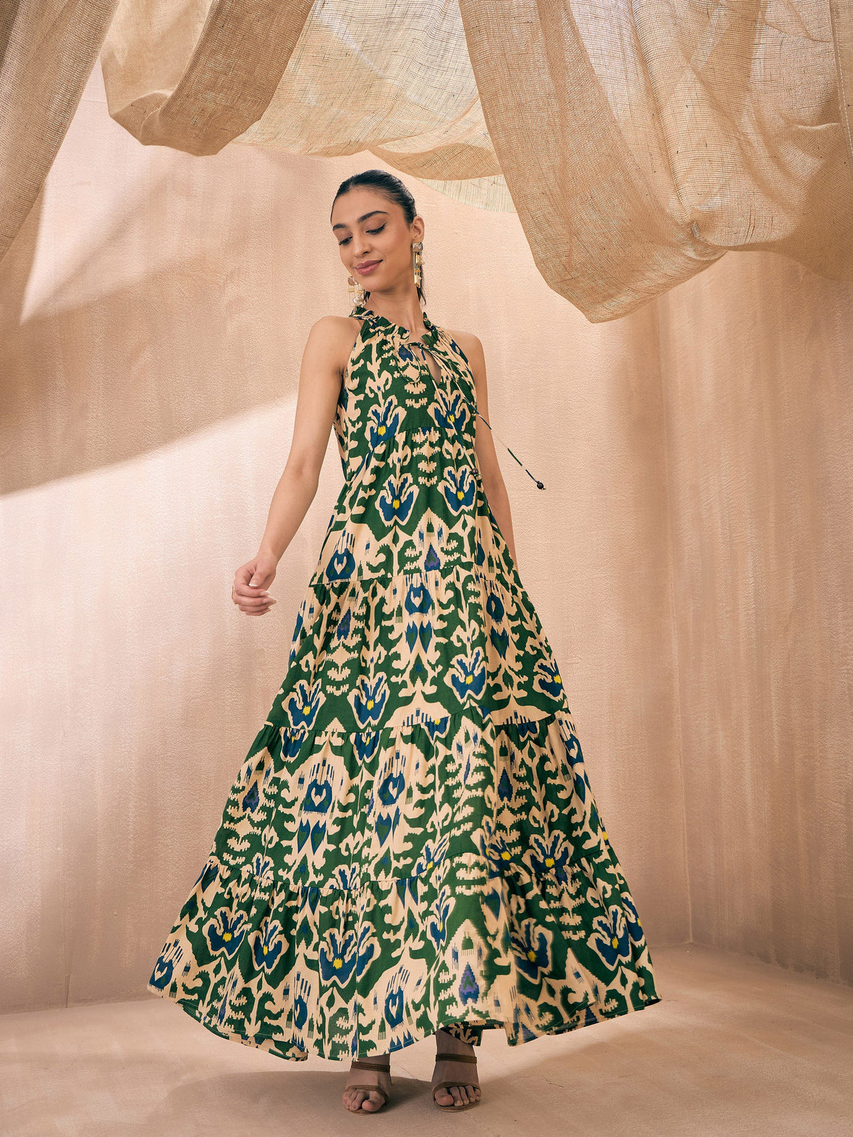 Green & Beige Ikat Print Dori Neck Tiered Maxi-Pink Paprika By SASSAFRAS