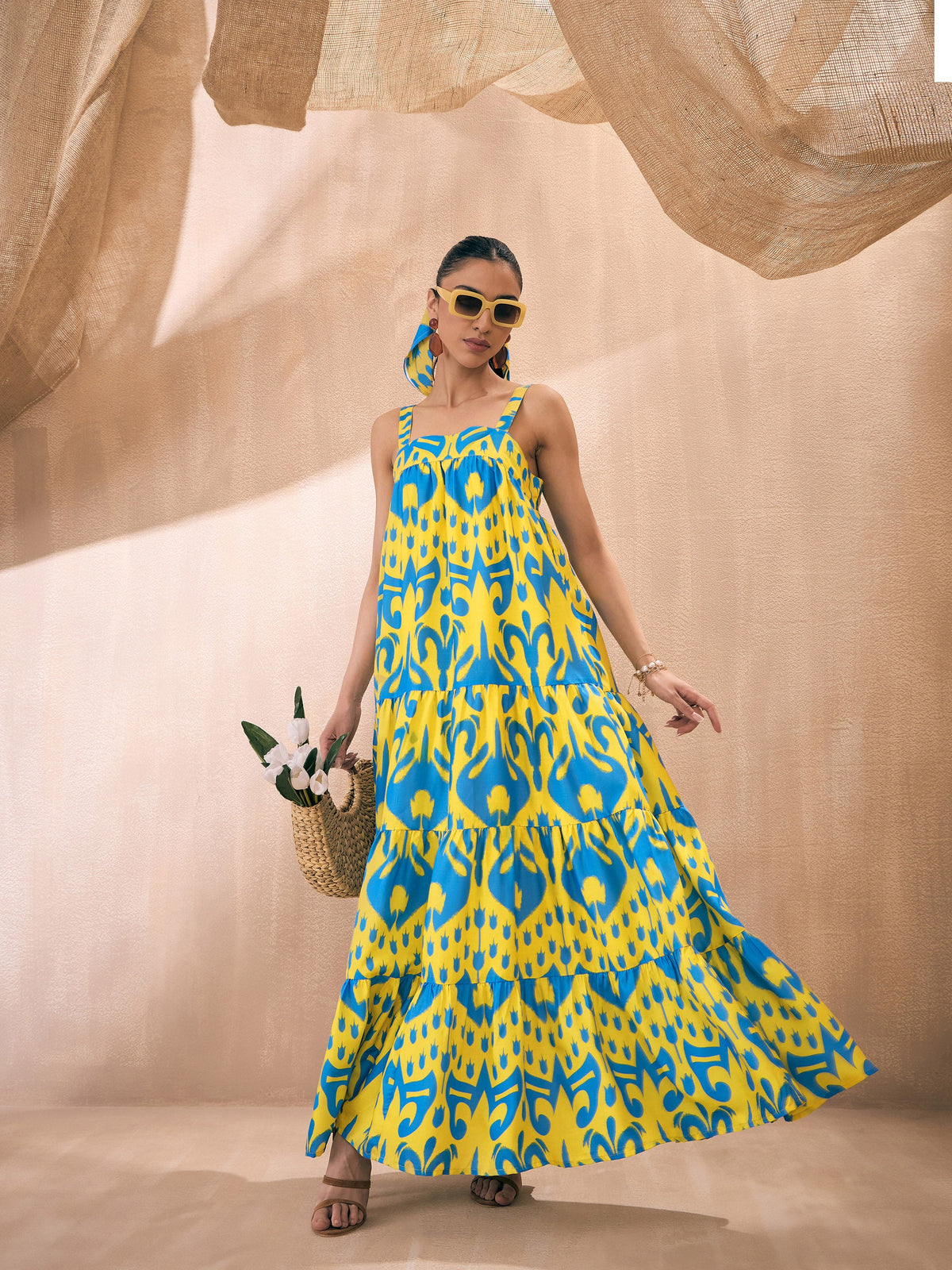 Yellow & Blue Ikat Loose Fit Strappy Tiered Maxi-Pink Paprika By SASSAFRAS