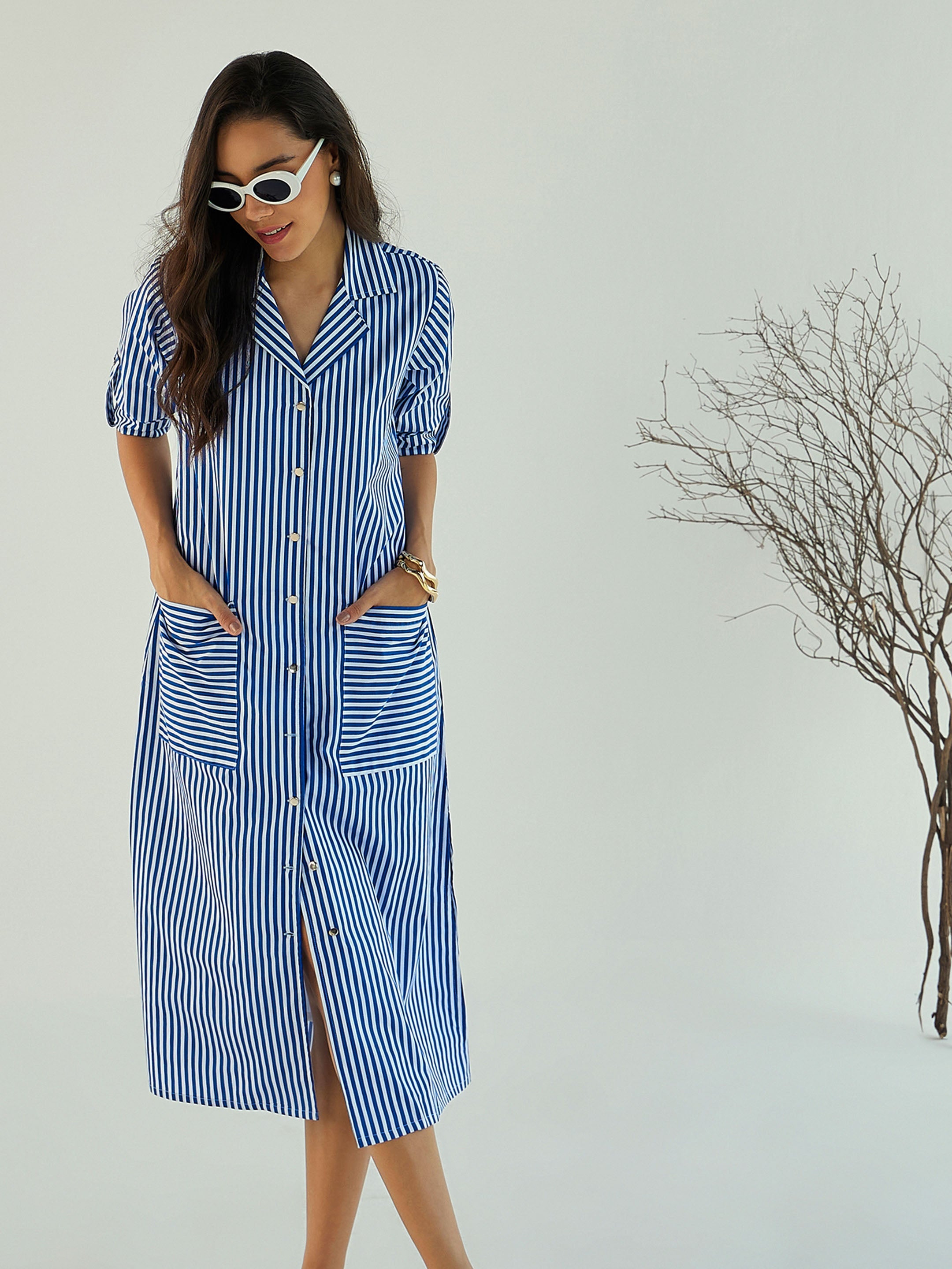Buy Women Blue & White Stripe Notch Collar Midi Dress Online at Best Price  - Sassafras