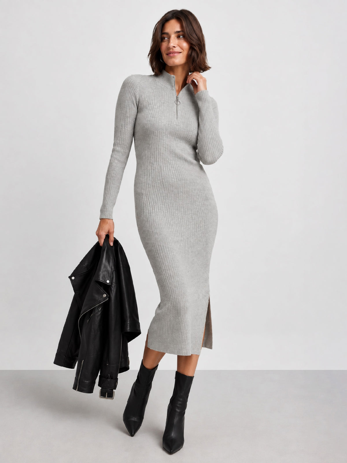 Women Grey Melange Rib High Neck Front Zipper Dress