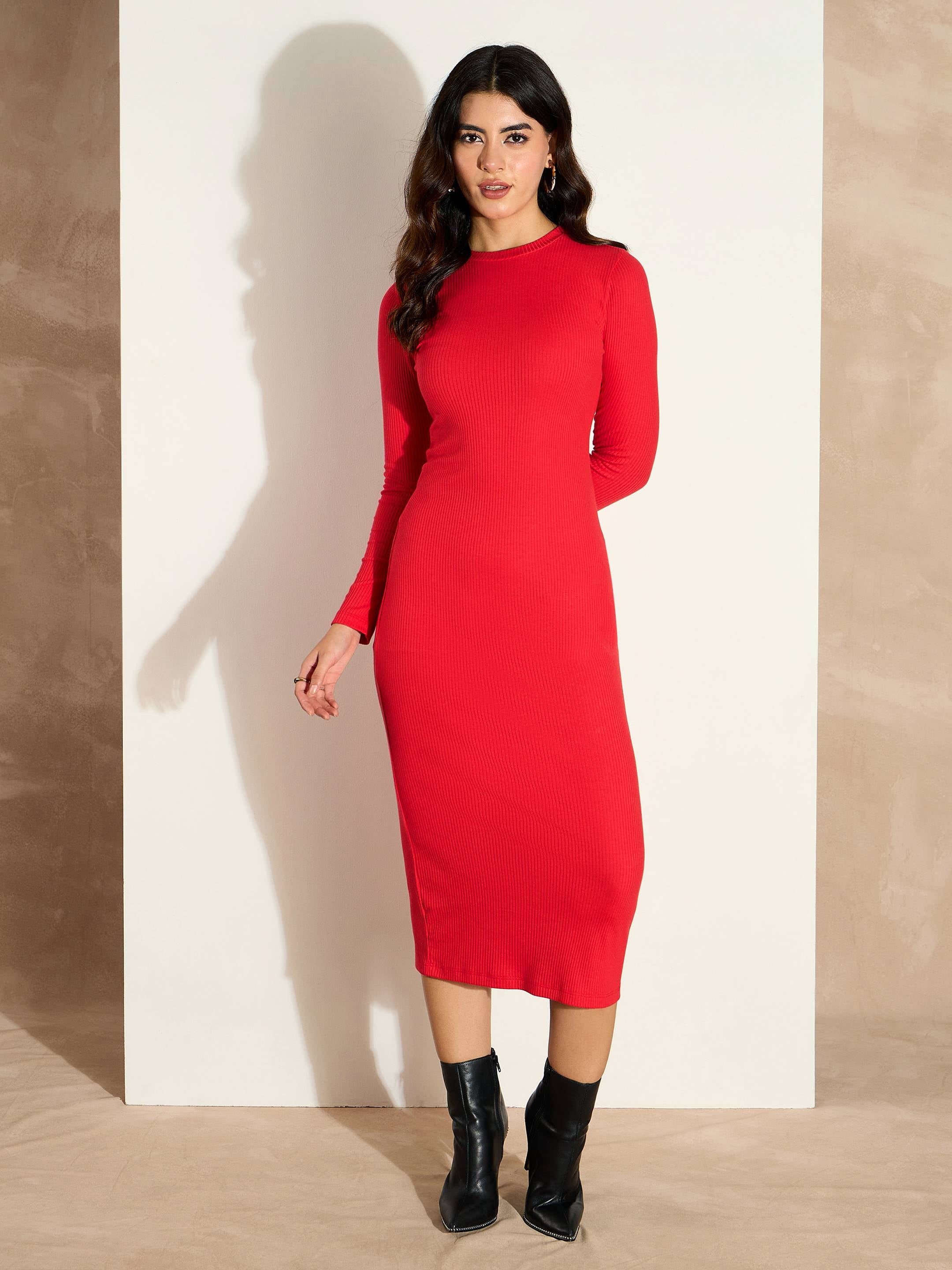 Buy Red Rib Bodycon Full Sleeves Midi Dress Online At Best Price