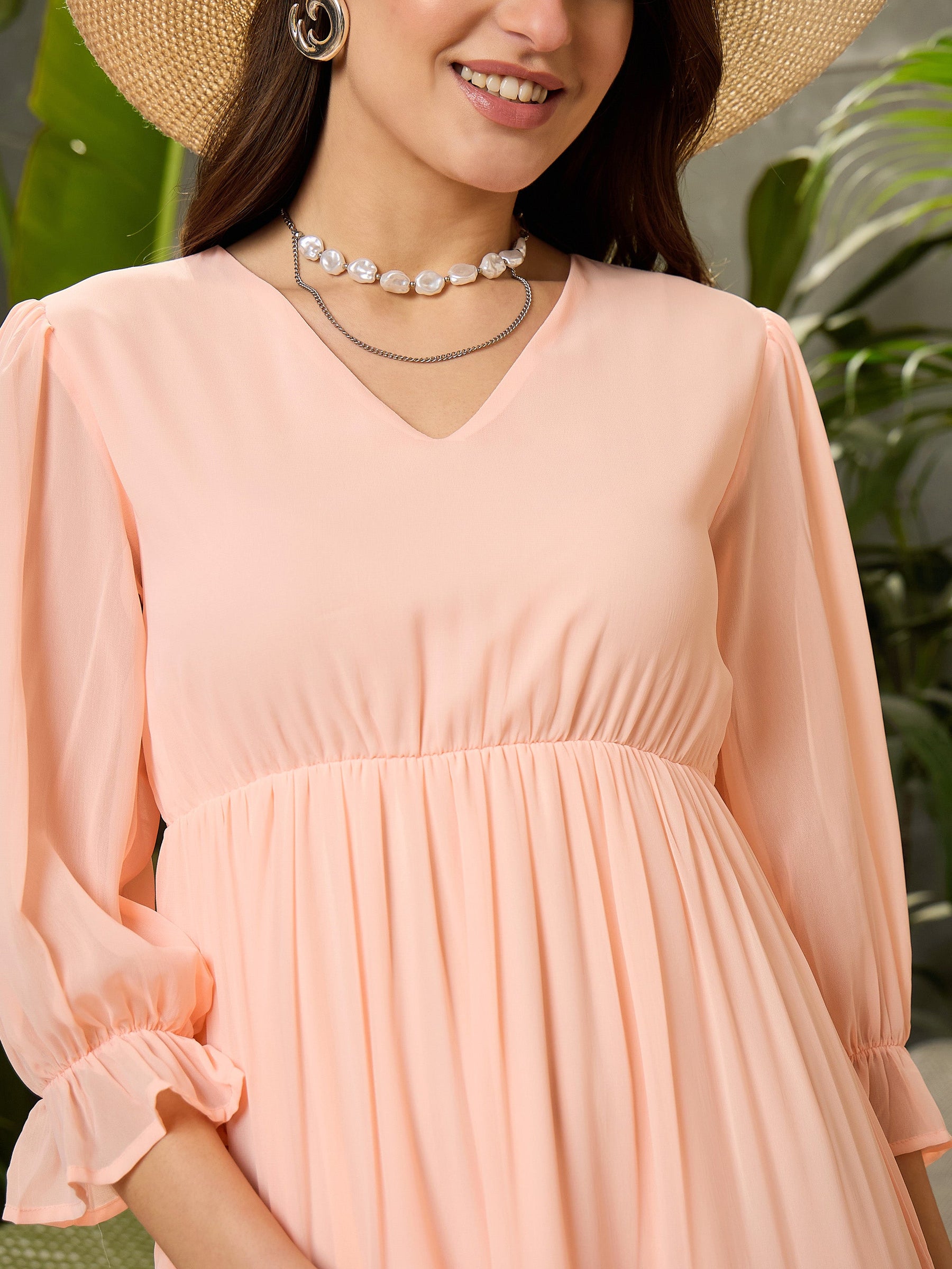 Peach V-Neck Tiered Maxi Dress-SFDRSS12694
