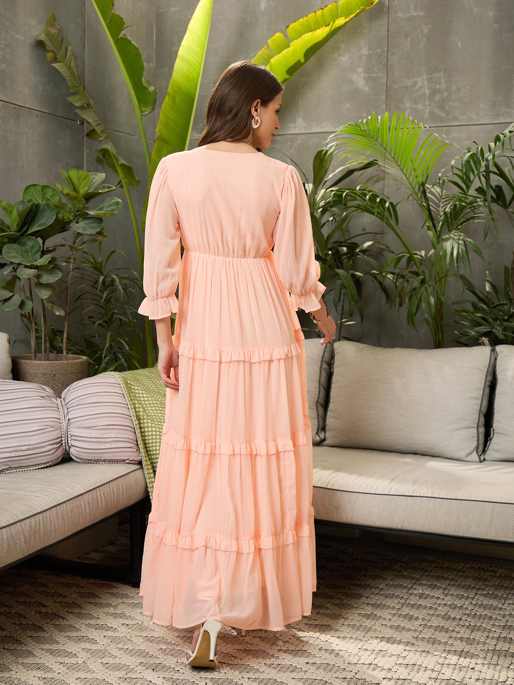 Peach V-Neck Tiered Maxi Dress-SFDRSS12694