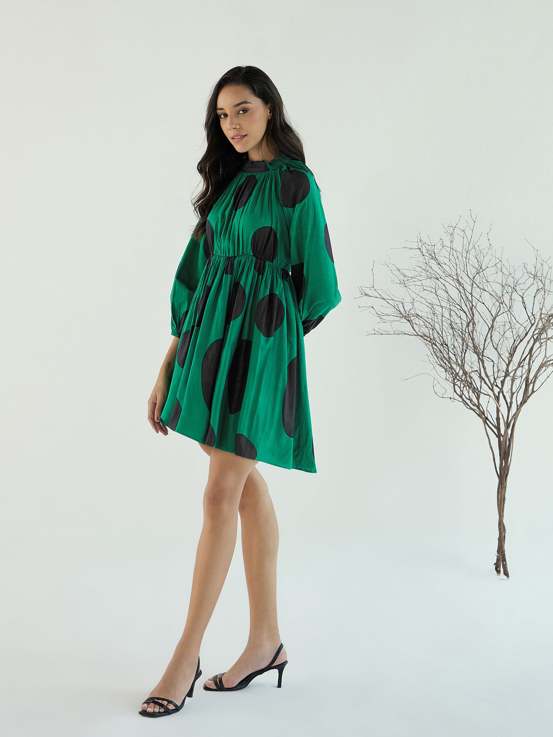 Women Green Back Cut-Out Polka Dot Dress
