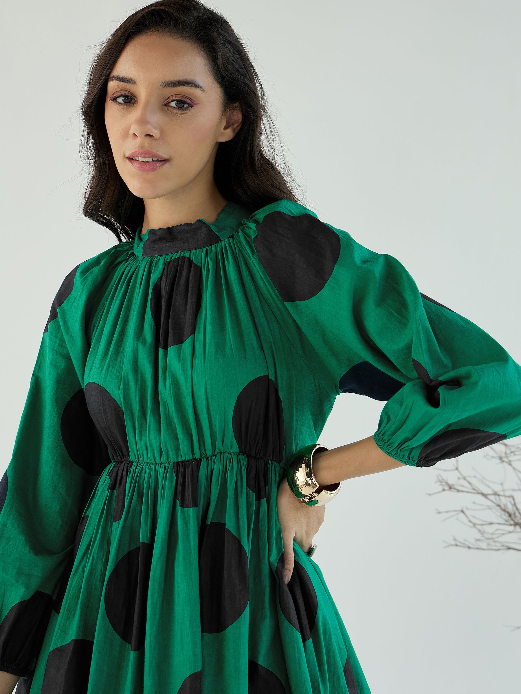 Women Green Back Cut-Out Polka Dot Dress