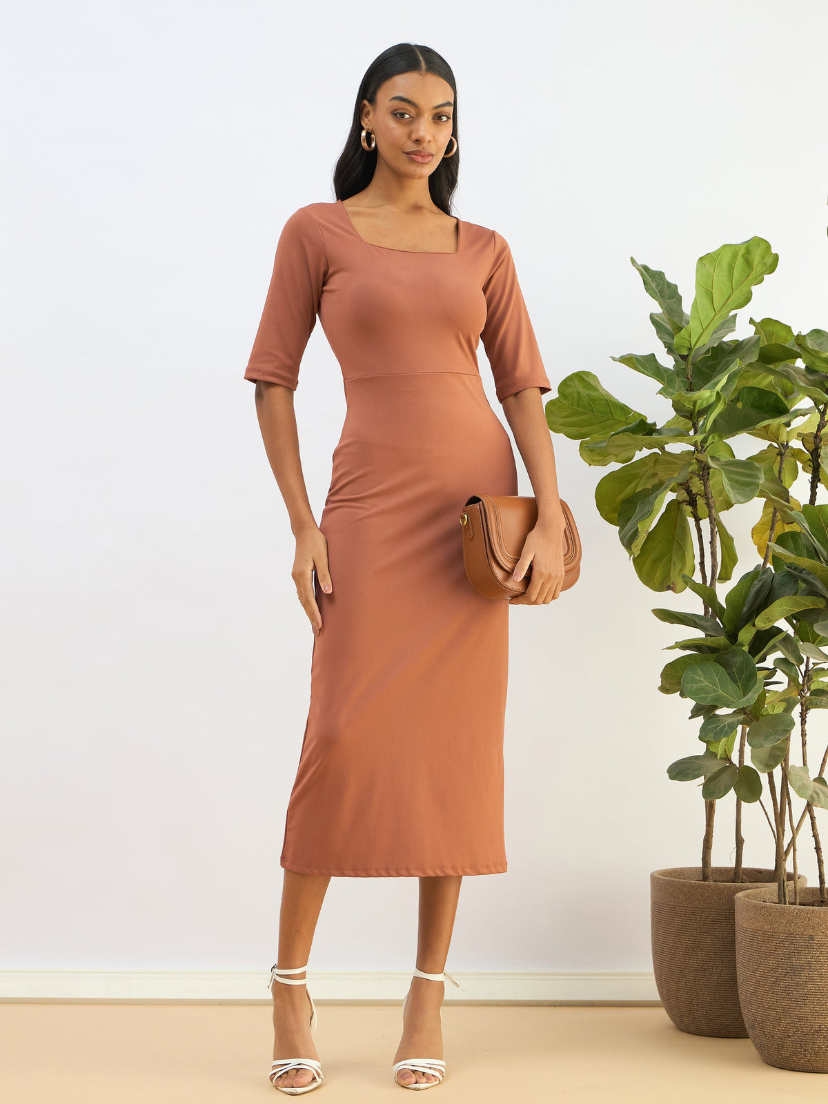 Rust Knitted Square Neck Bodycon Midi Dress-SASSAFRAS BASICS