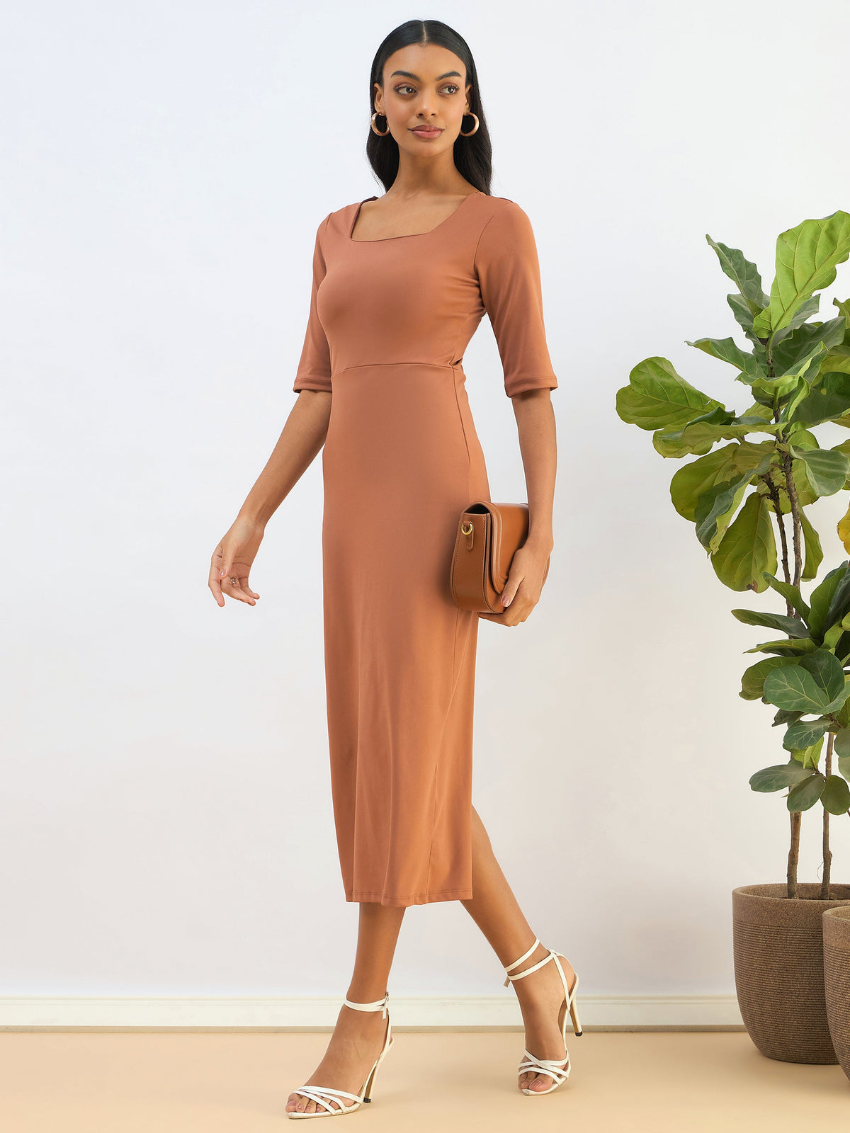 Rust Knitted Square Neck Bodycon Midi Dress-SASSAFRAS BASICS