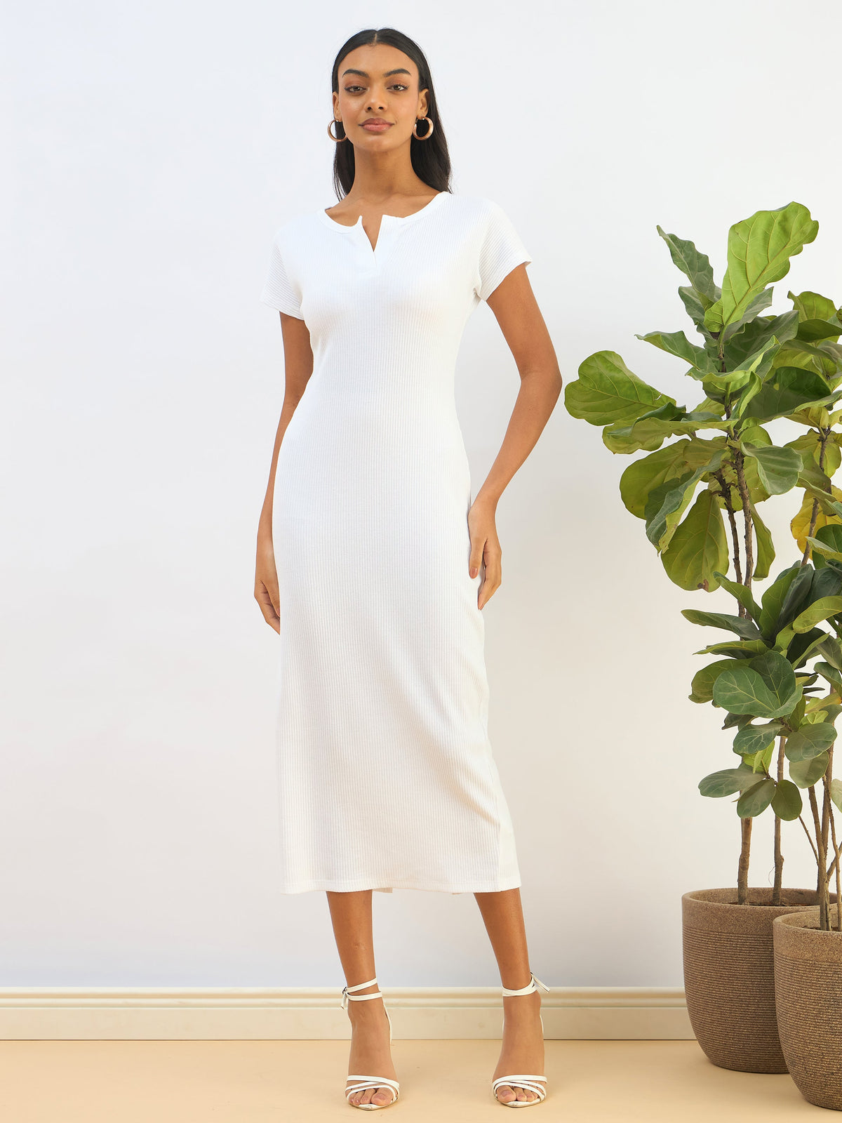 White Ribbed V-Neck Back Slit Midi Dress-SASSAFRAS BASICS