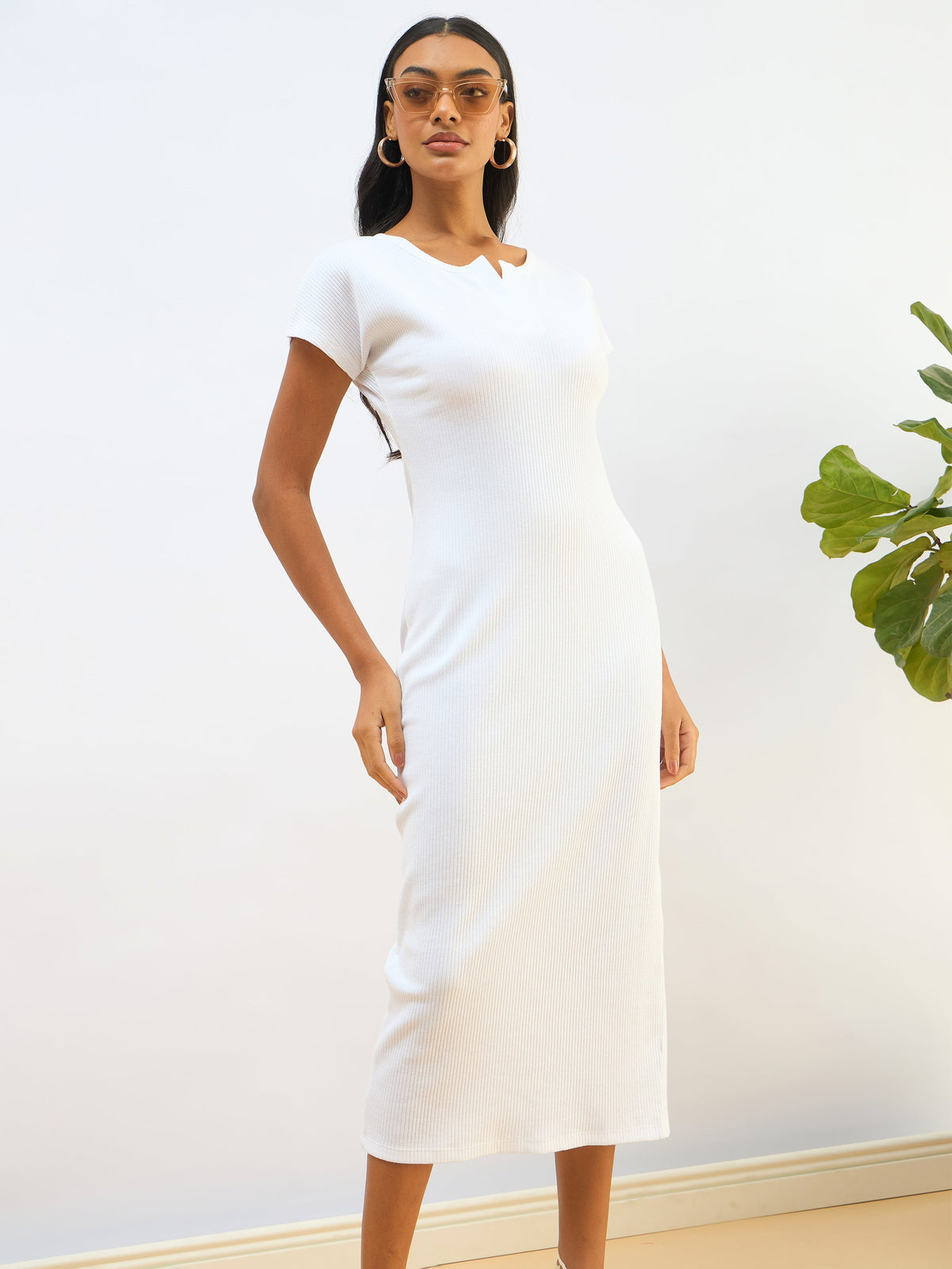 White Ribbed V-Neck Back Slit Midi Dress-SASSAFRAS BASICS