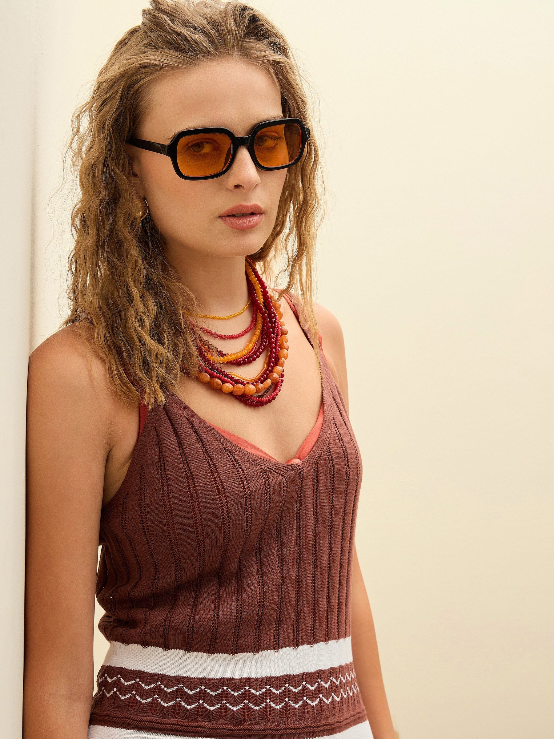 Brown & White Crochet Variegated Stripes Strappy Beach Maxi-SASSAFRAS