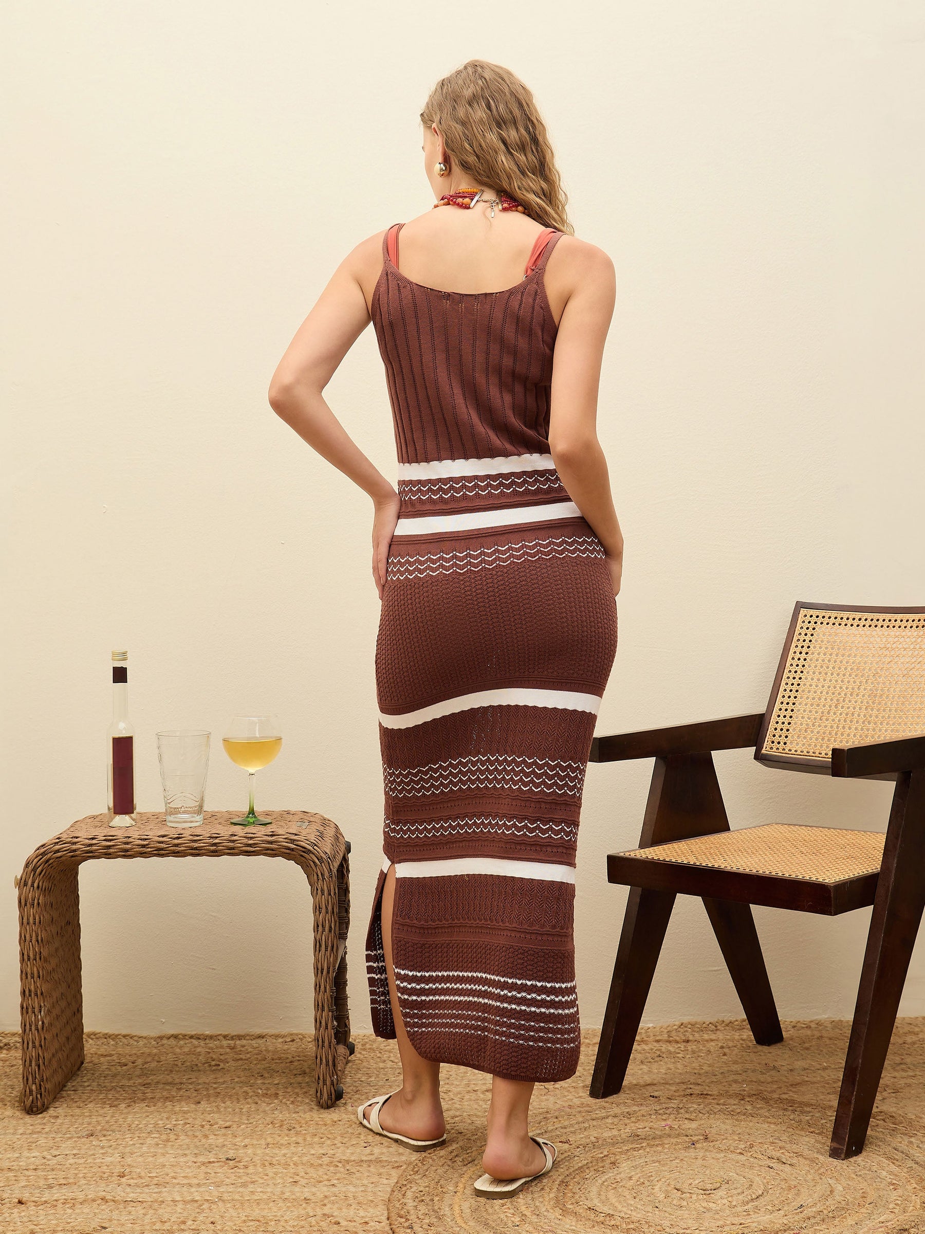 Brown & White Crochet Variegated Stripes Strappy Beach Maxi-SASSAFRAS