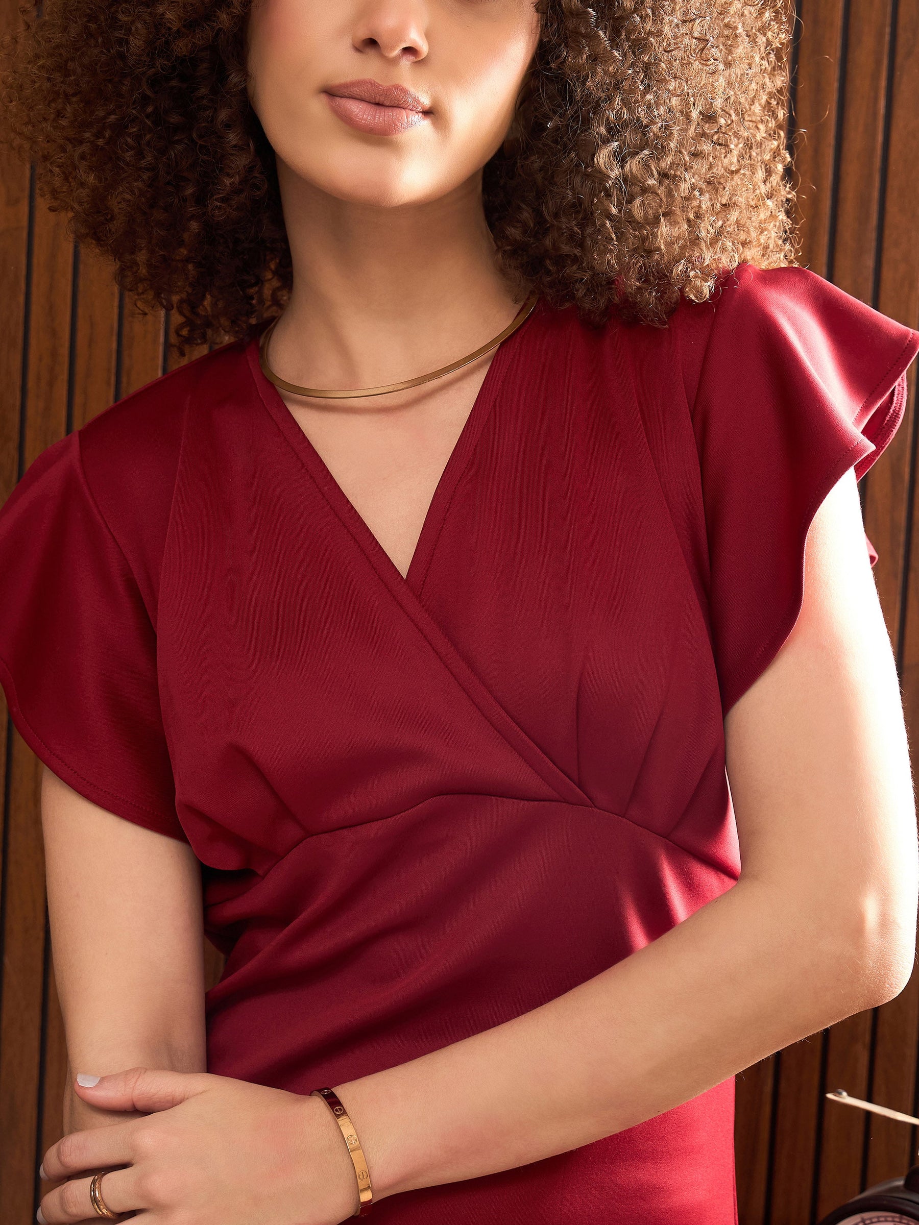 Maroon V-Neck Scuba Frill Midi Dress-SASSAFRAS worklyf