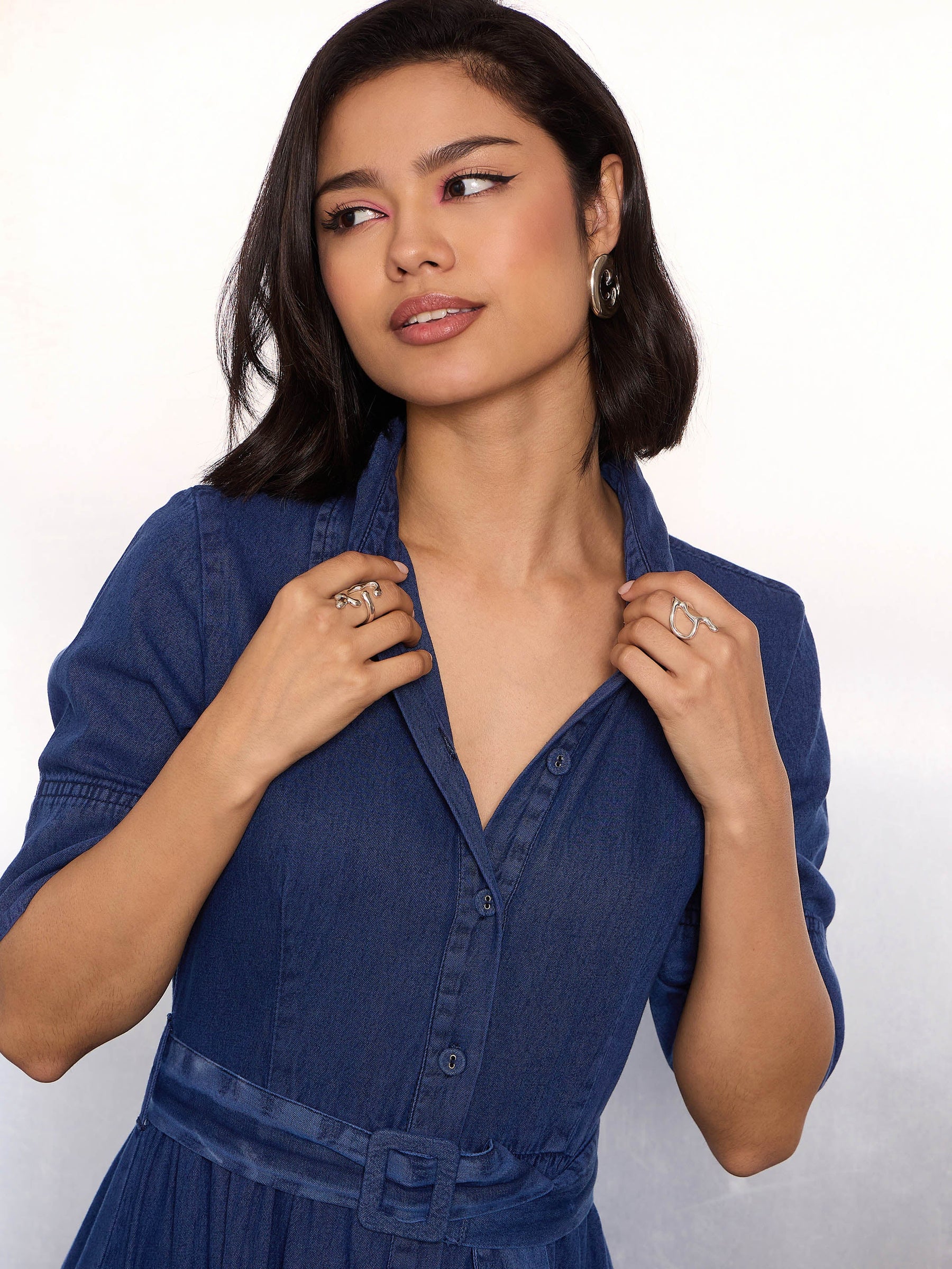Navy Blue Denim Belted Maxi Dress-SASSAFRAS