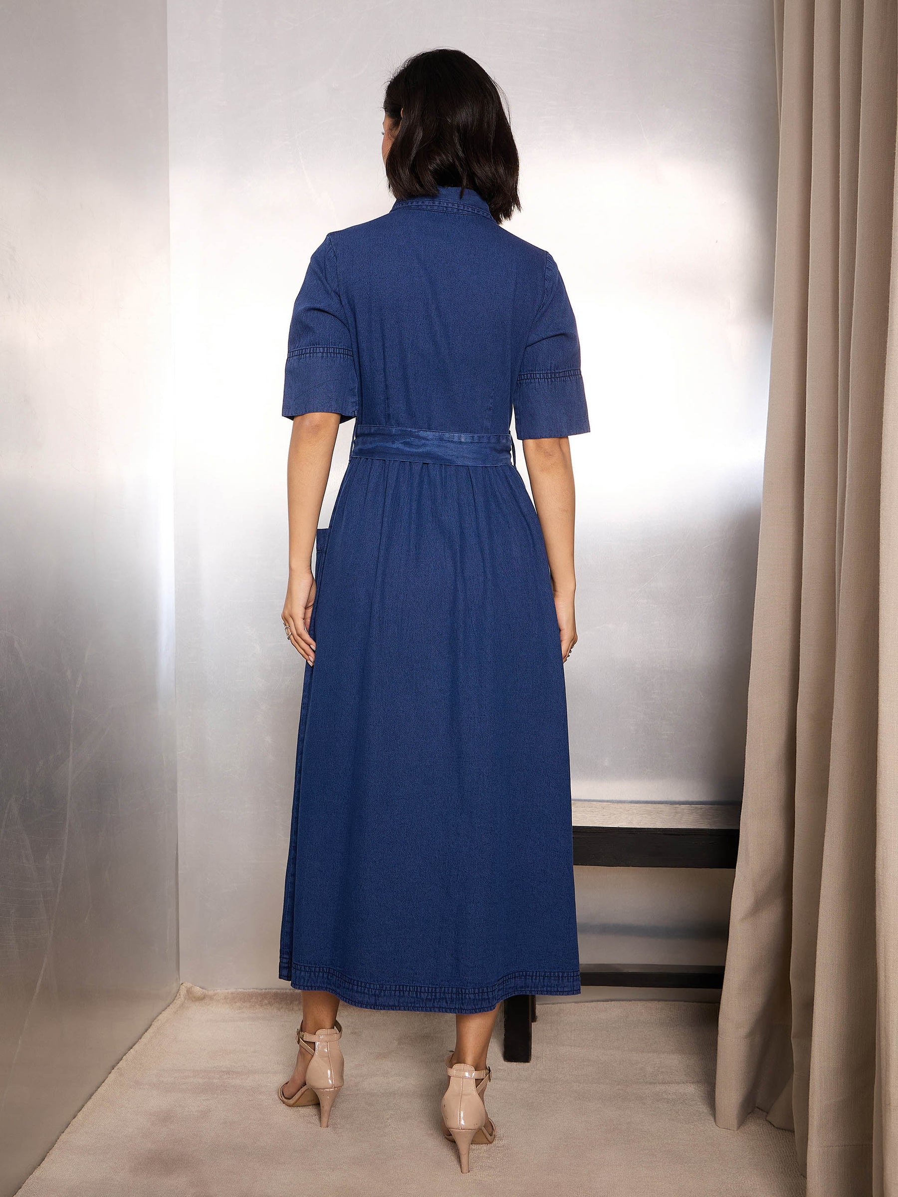 Navy Blue Denim Belted Maxi Dress-SASSAFRAS