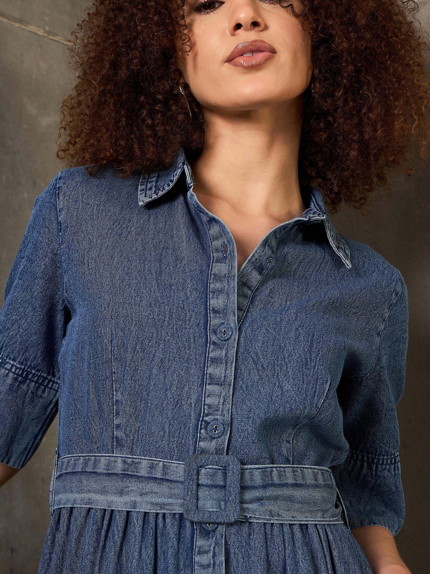 Blue Blast Denim Belted Maxi Dress-SASSAFRAS