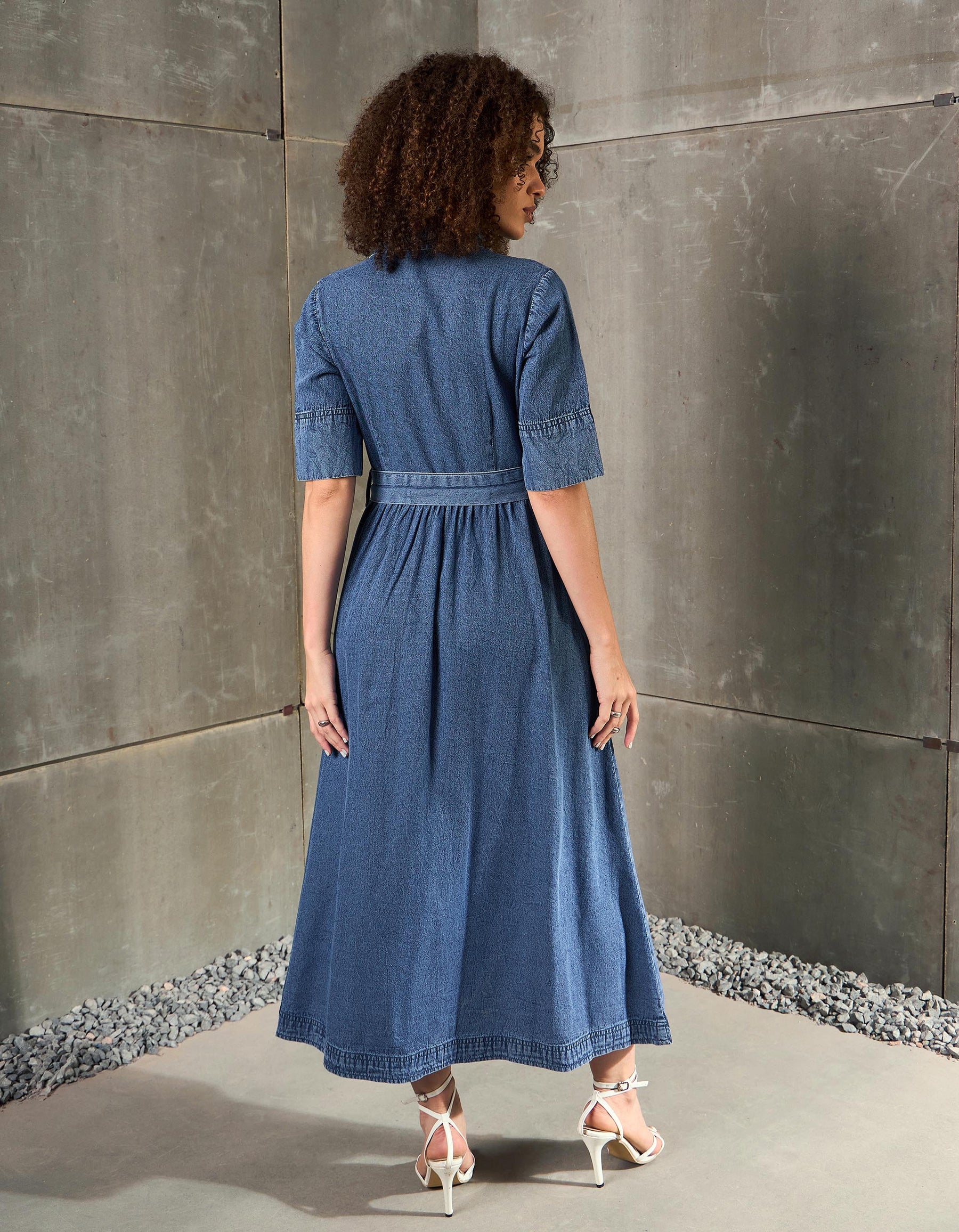 Blue Blast Denim Belted Maxi Dress-SASSAFRAS