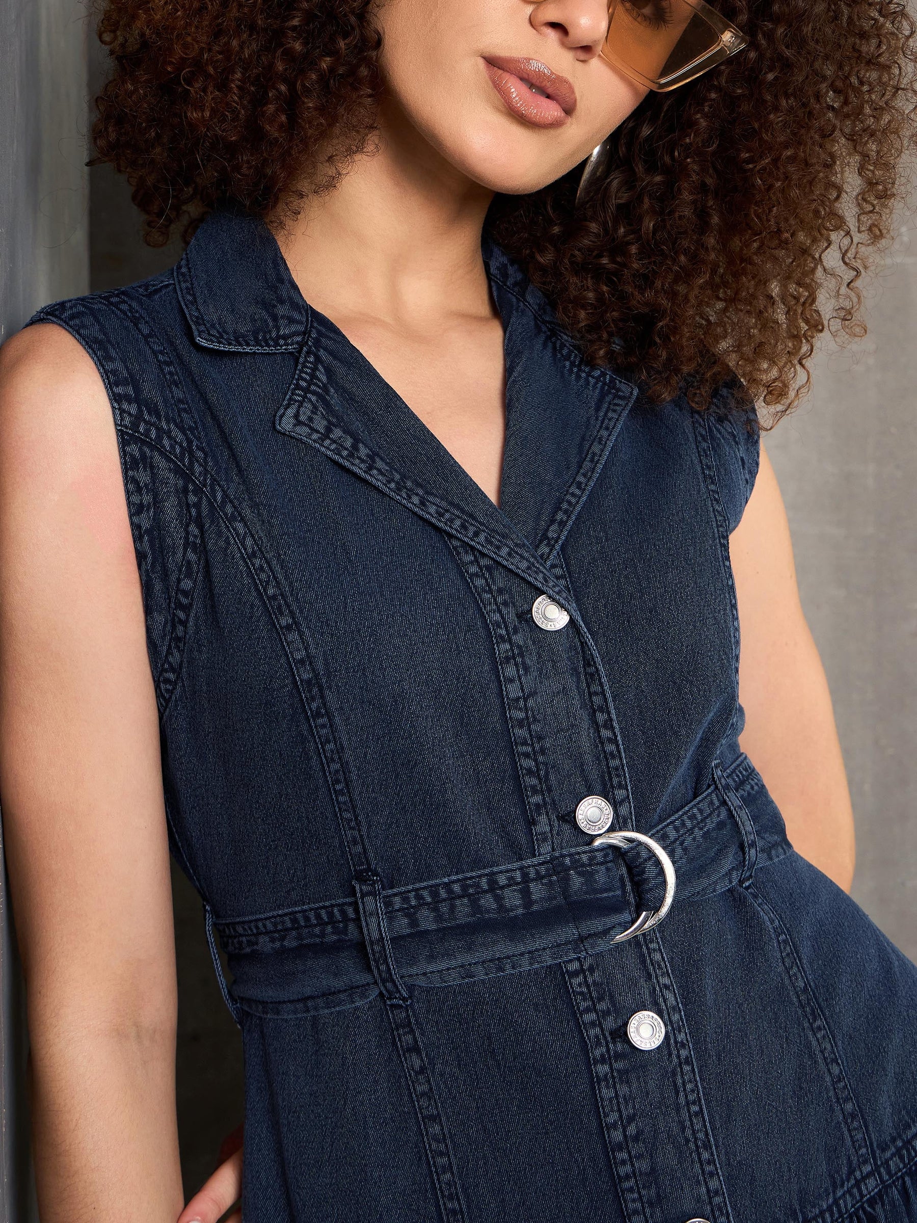 Blue Washed Denim Notch Collar Belted Maxi Dress-SASSAFRAS