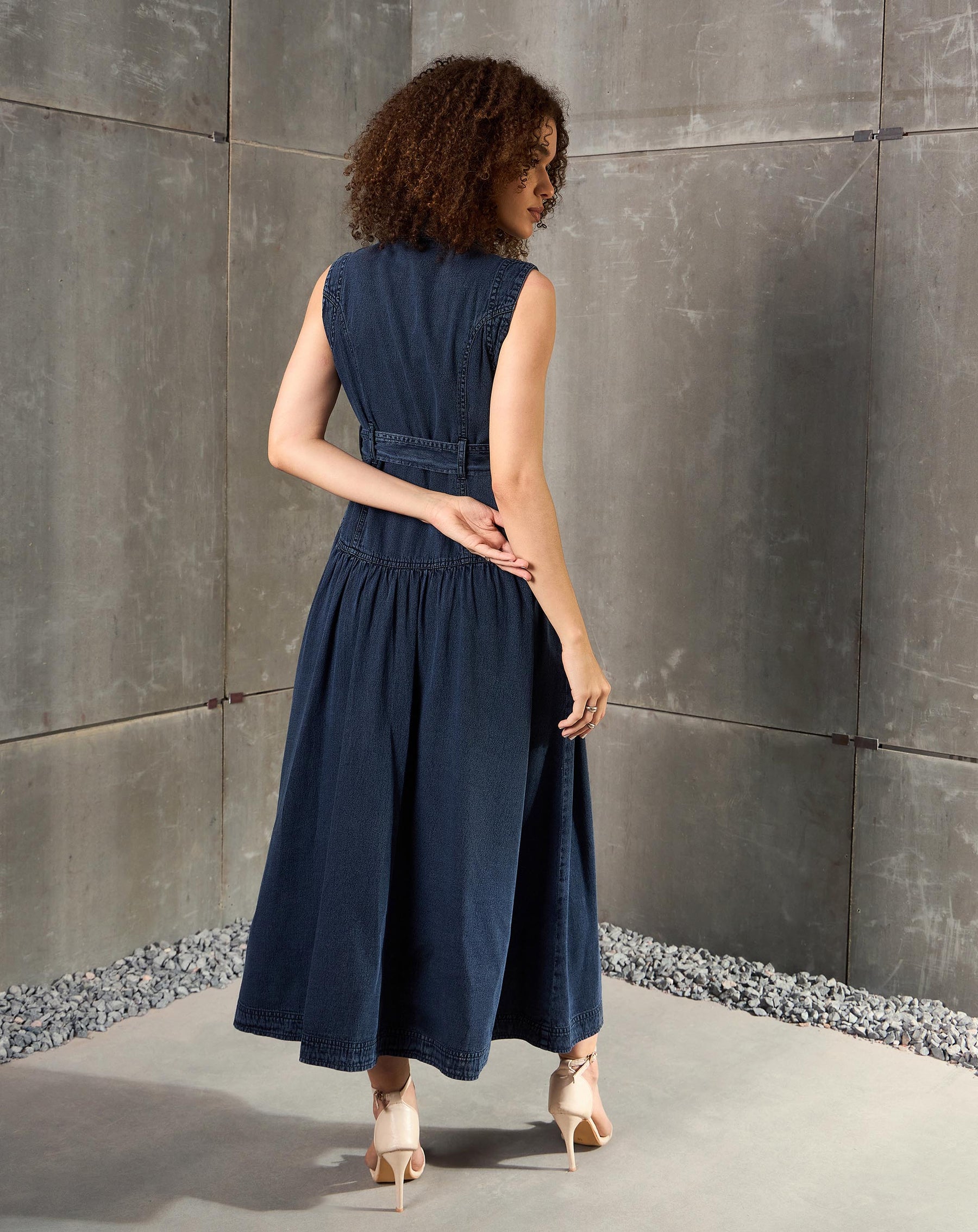 Blue Washed Denim Notch Collar Belted Maxi Dress-SASSAFRAS