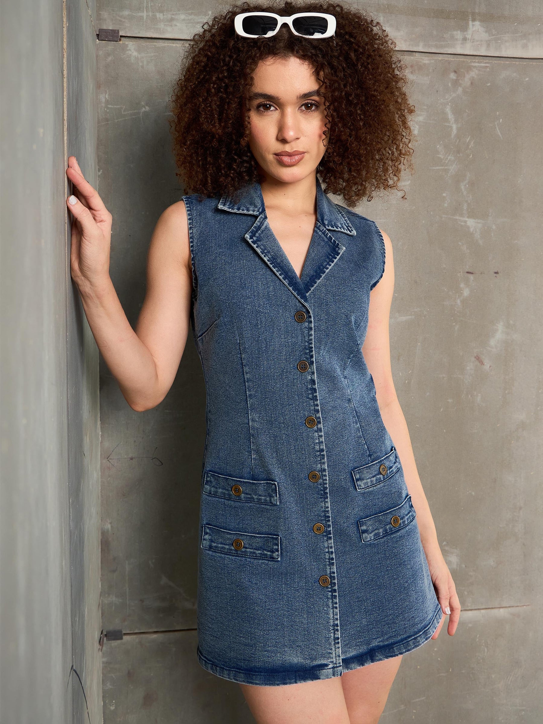 Blue Washed Denim Notch Collar Short Dress-SASSAFRAS