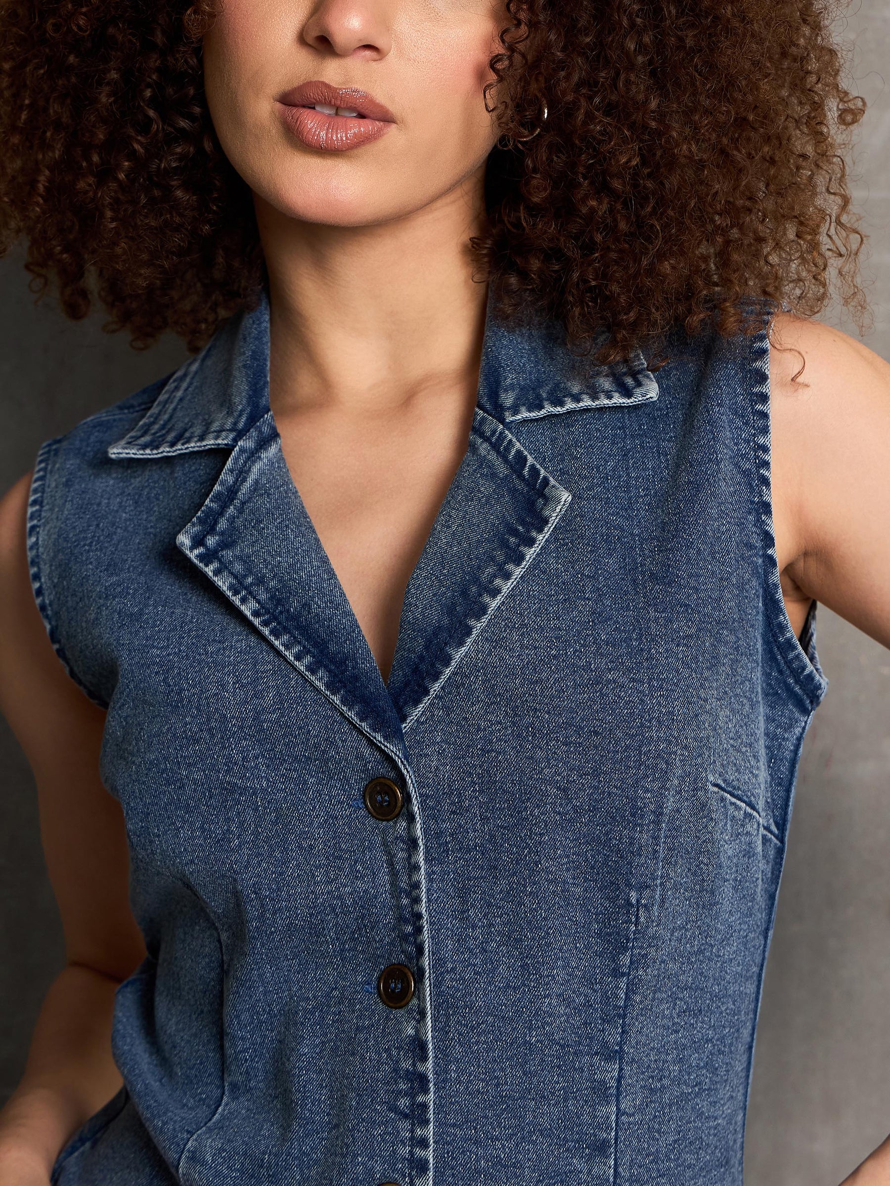 Blue Washed Denim Notch Collar Short Dress-SASSAFRAS