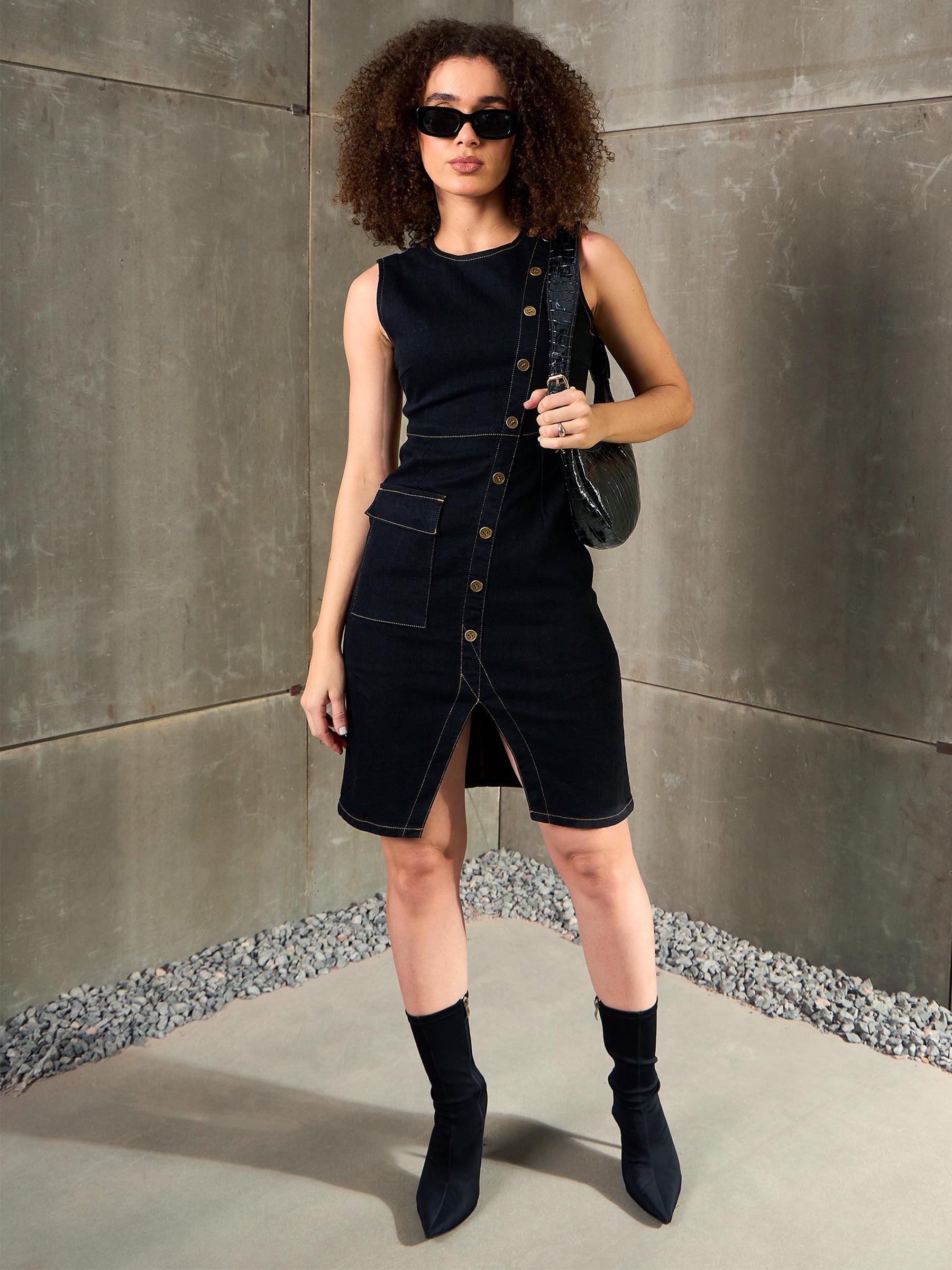 Jet Black Denim Front Slit Dress-SASSAFRAS