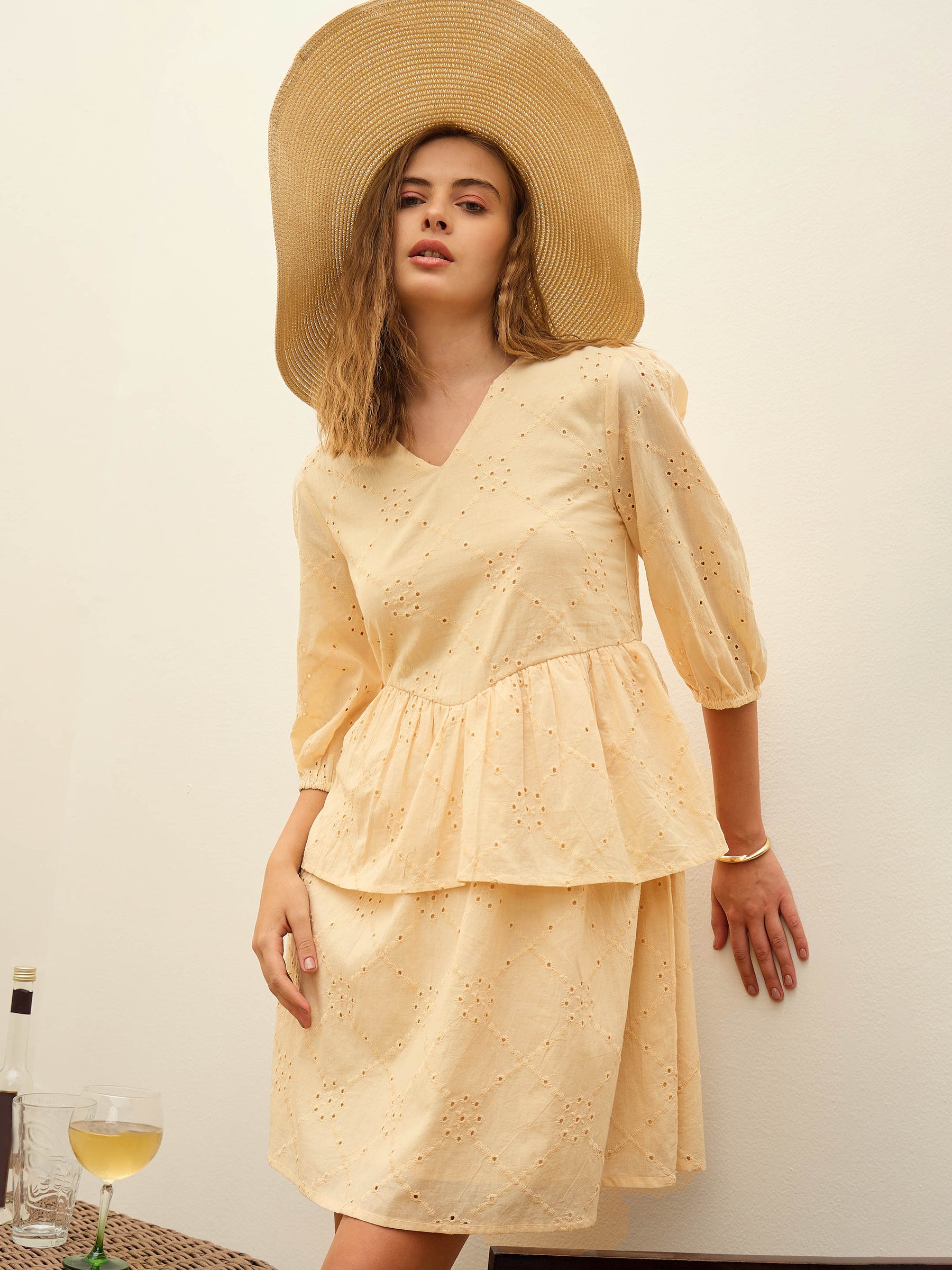 Women Ecru Schiffli V-Neck Frill Detail Short Dress