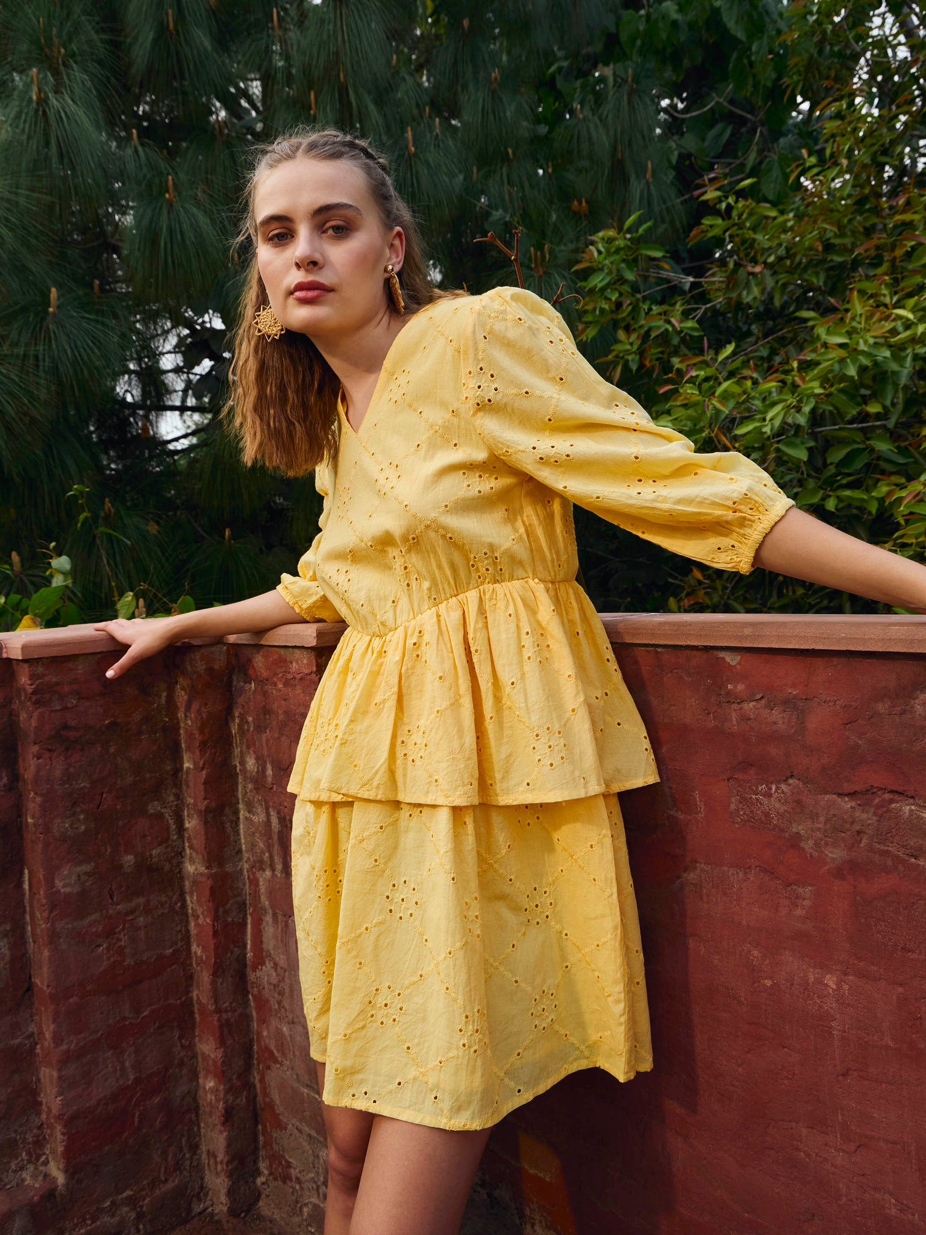 Yellow Schiffli V-Neck Frill Detail Short Dress-SASSAFRAS