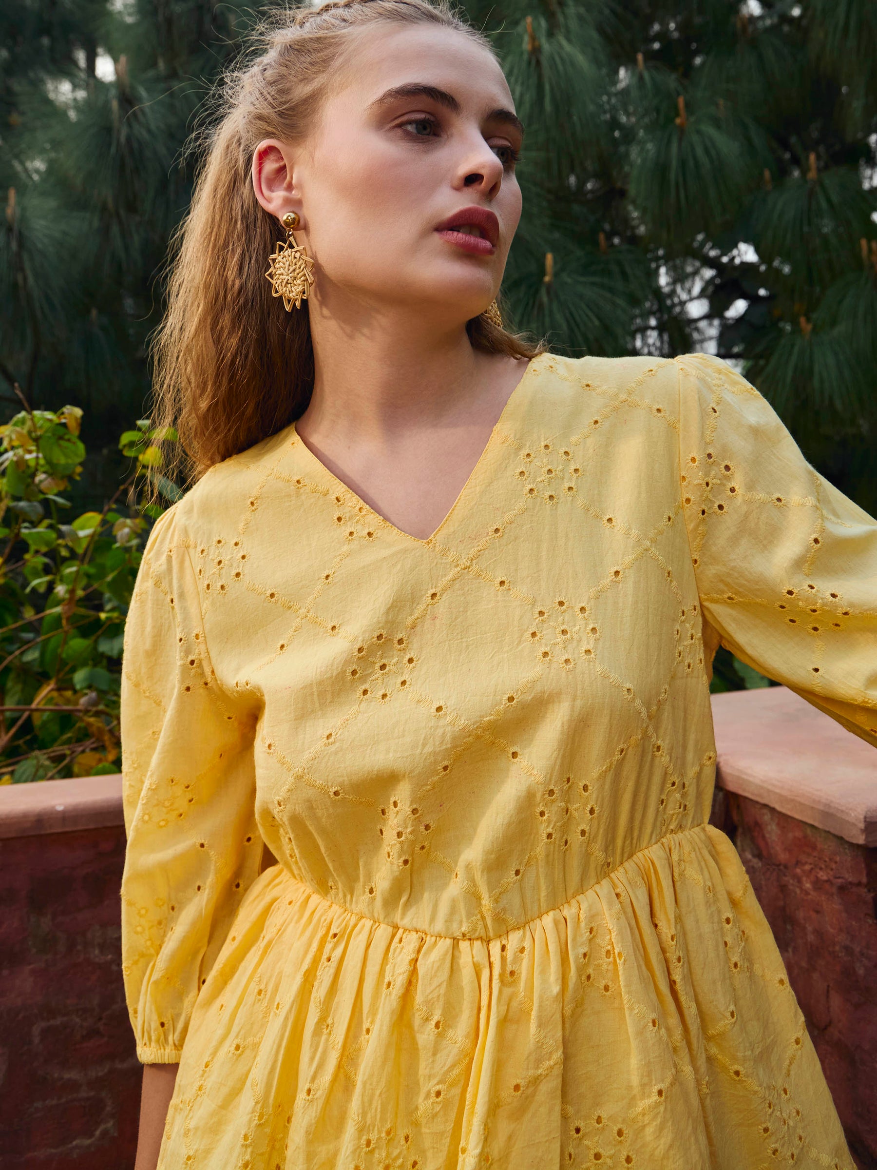 Yellow Schiffli V-Neck Frill Detail Short Dress-SASSAFRAS
