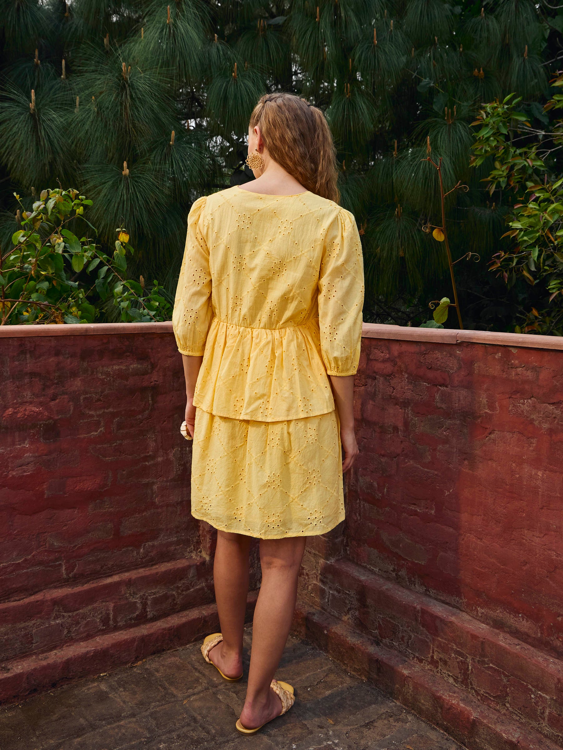 Yellow Schiffli V-Neck Frill Detail Short Dress-SASSAFRAS
