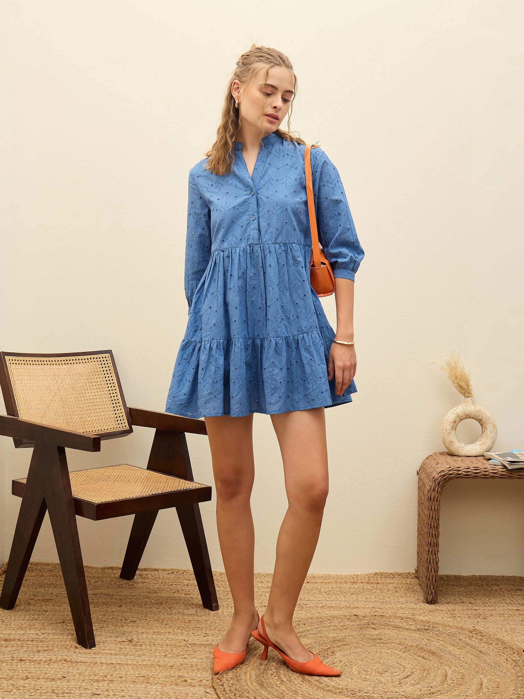 Blue Schiffli Mandarin Collar Short Dress-SASSAFRAS