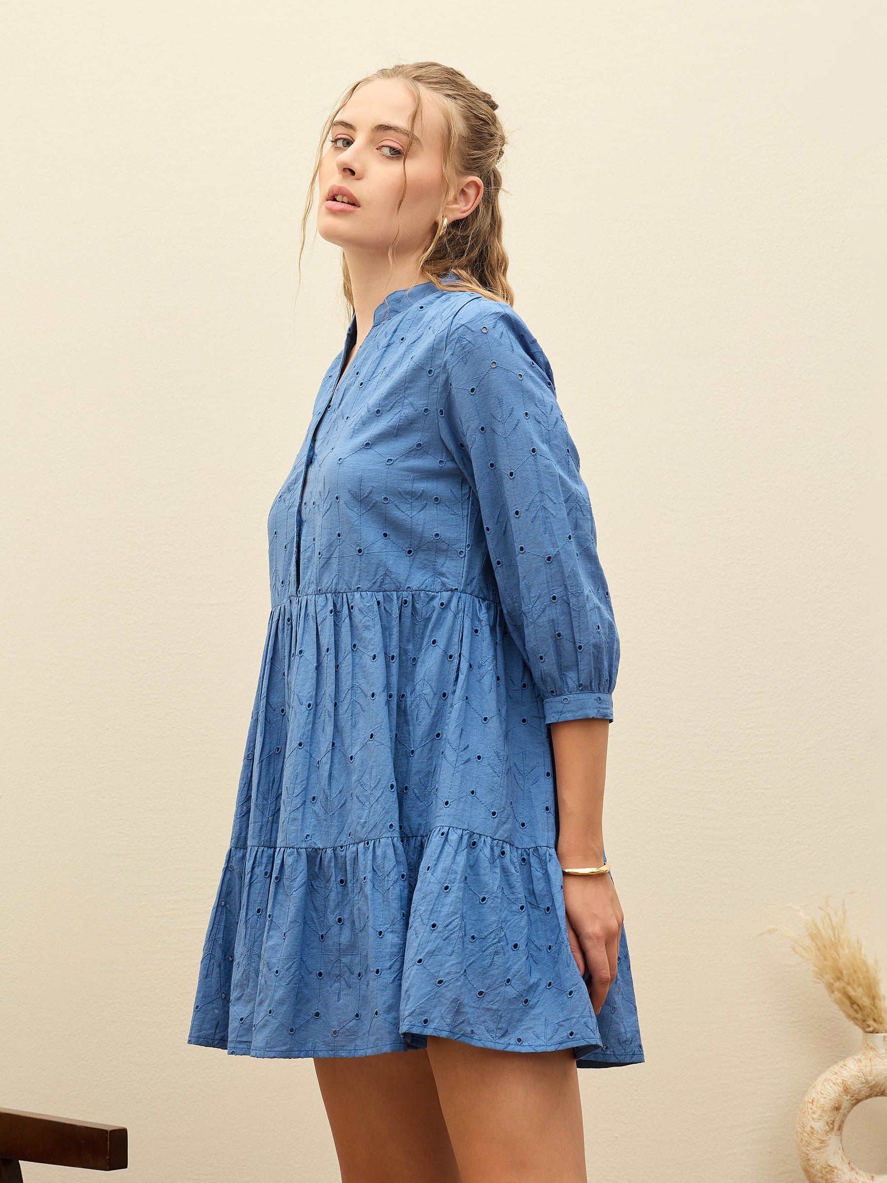 Blue Schiffli Mandarin Collar Short Dress-SASSAFRAS